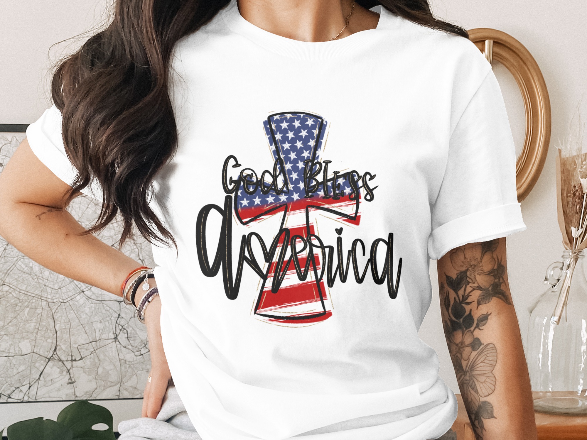 God Bless America Sublimation Design, Digital Download PNG DTF, Patriotic Cross Image, 4th July Shirt Design, USA Flag Art, American Pride