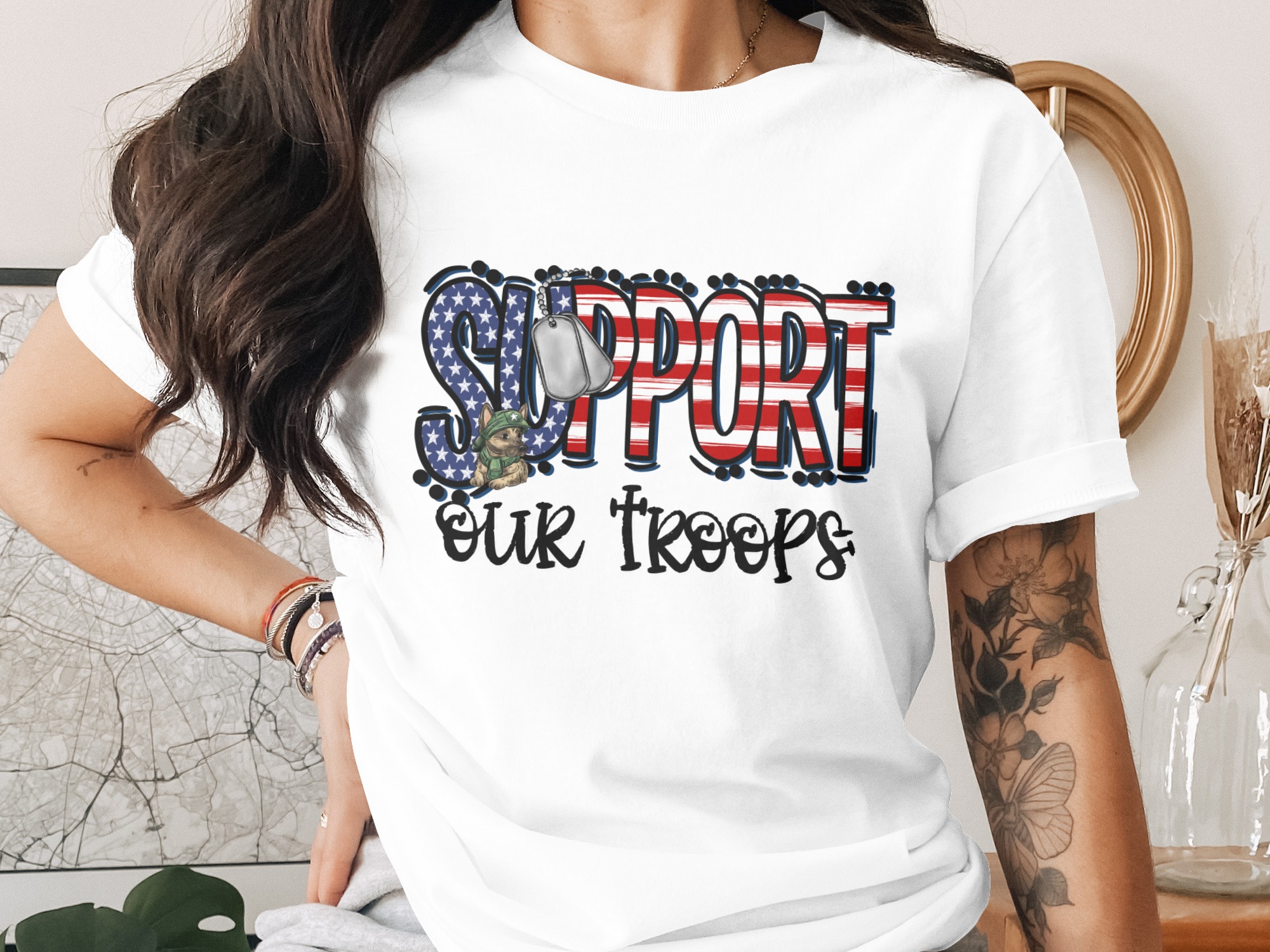 Support Our Troops Digital Download Sublimation PNG DTF, Patriotic Dog Design, Veteran Appreciation, Military German Shepherd, USA Flag