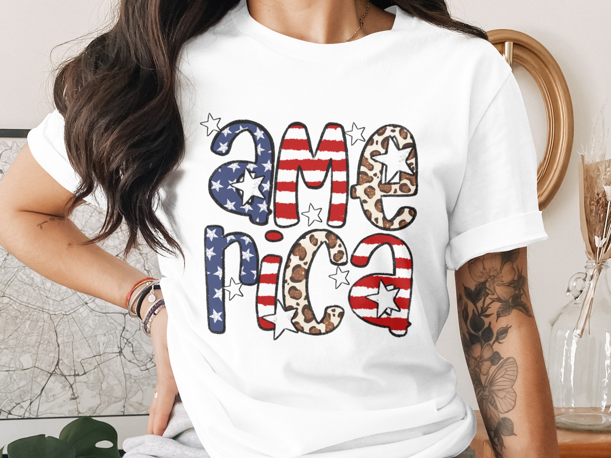 America Stars Digital Download Sublimation DTF PNG, Patriotic, Leopard Print, USA Flag, Fourth of July, Instant Download, Printable Design