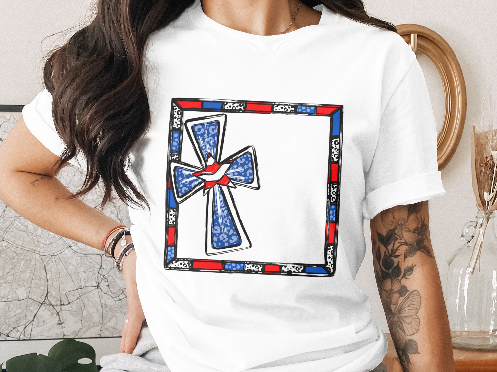 Patriotic Cross Frame Digital Download, Sublimation Design, DTF, PNG, Red White Blue, Star Leopard Print, USA Flag, Instant Download