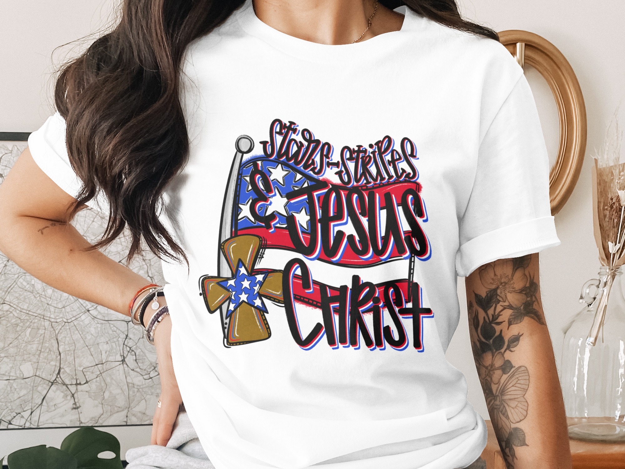 Stars Stripes Jesus Christ Digital Download, Patriotic PNG Sublimation, Christian DTF Print, USA Flag Graphic, Religious Design