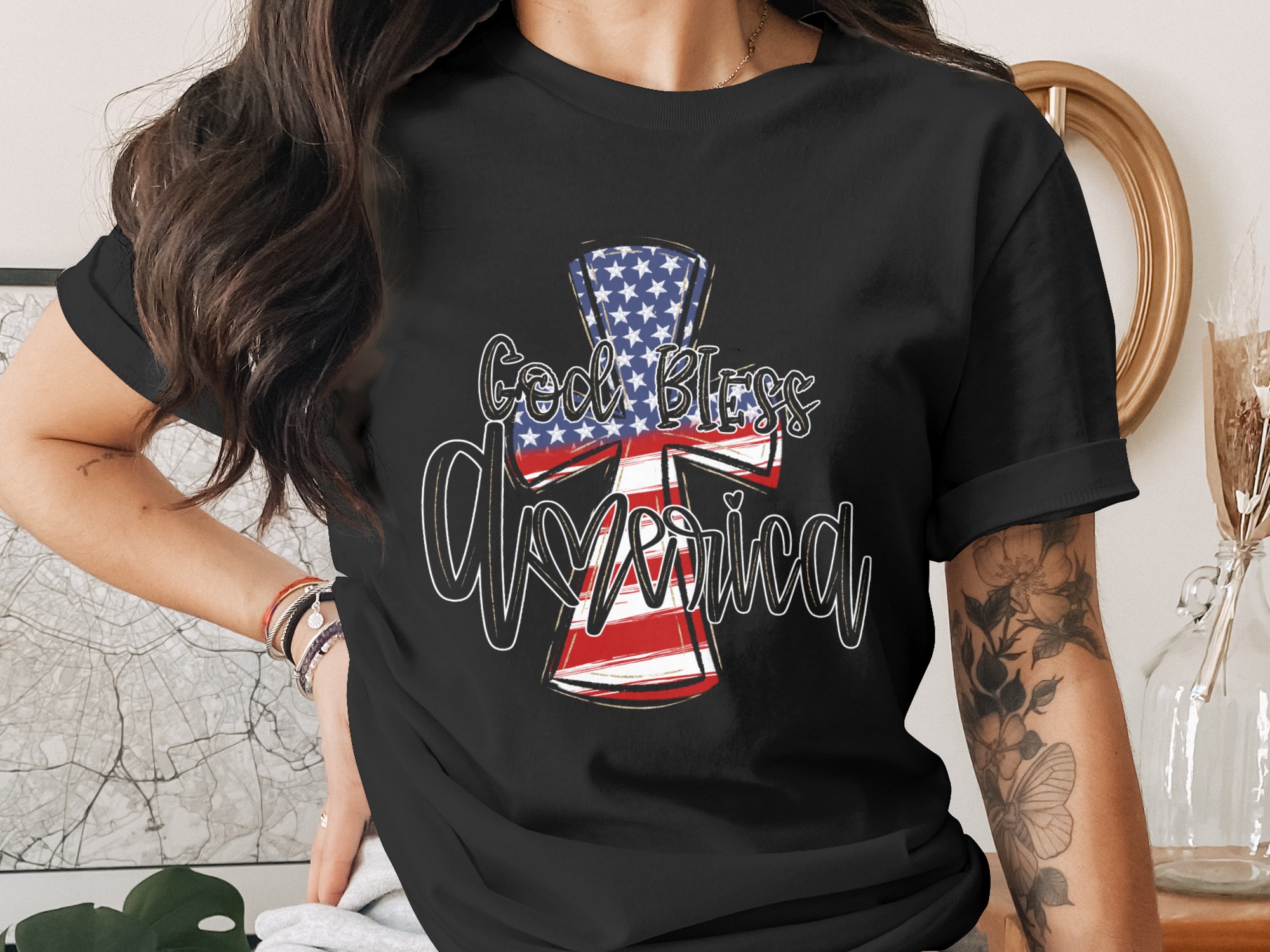 God Bless America Cross, Digital Download, Patriotic PNG, Sublimation Design, DTF Print, USA Flag, Fourth of July, Patriotic Gift - Image 2