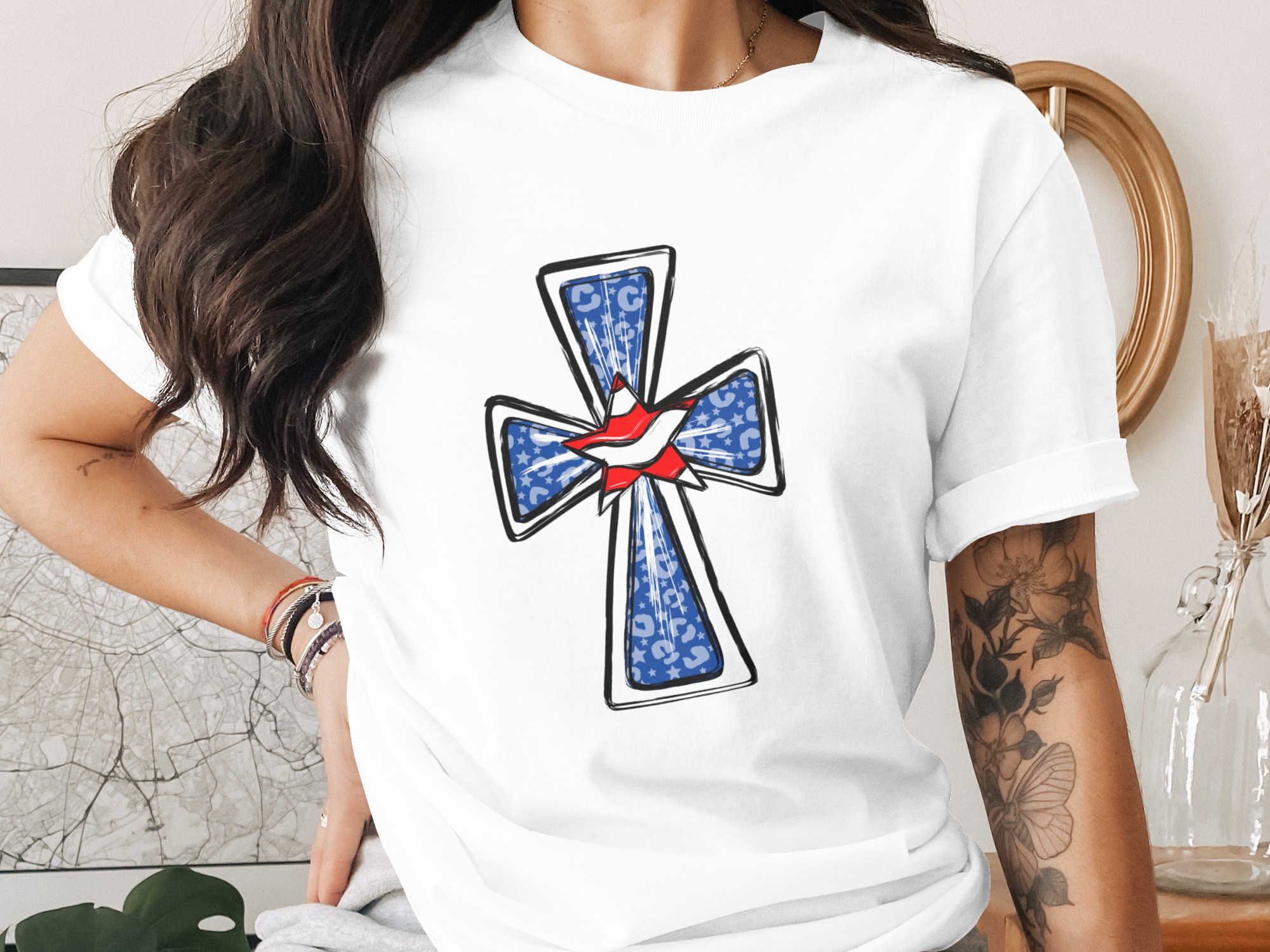 Patriotic Cross Digital Download, Sublimation Design, DTF PNG, Stars and Stripes Cross, Religious Art, Christian Graphic, USA Flag Cross