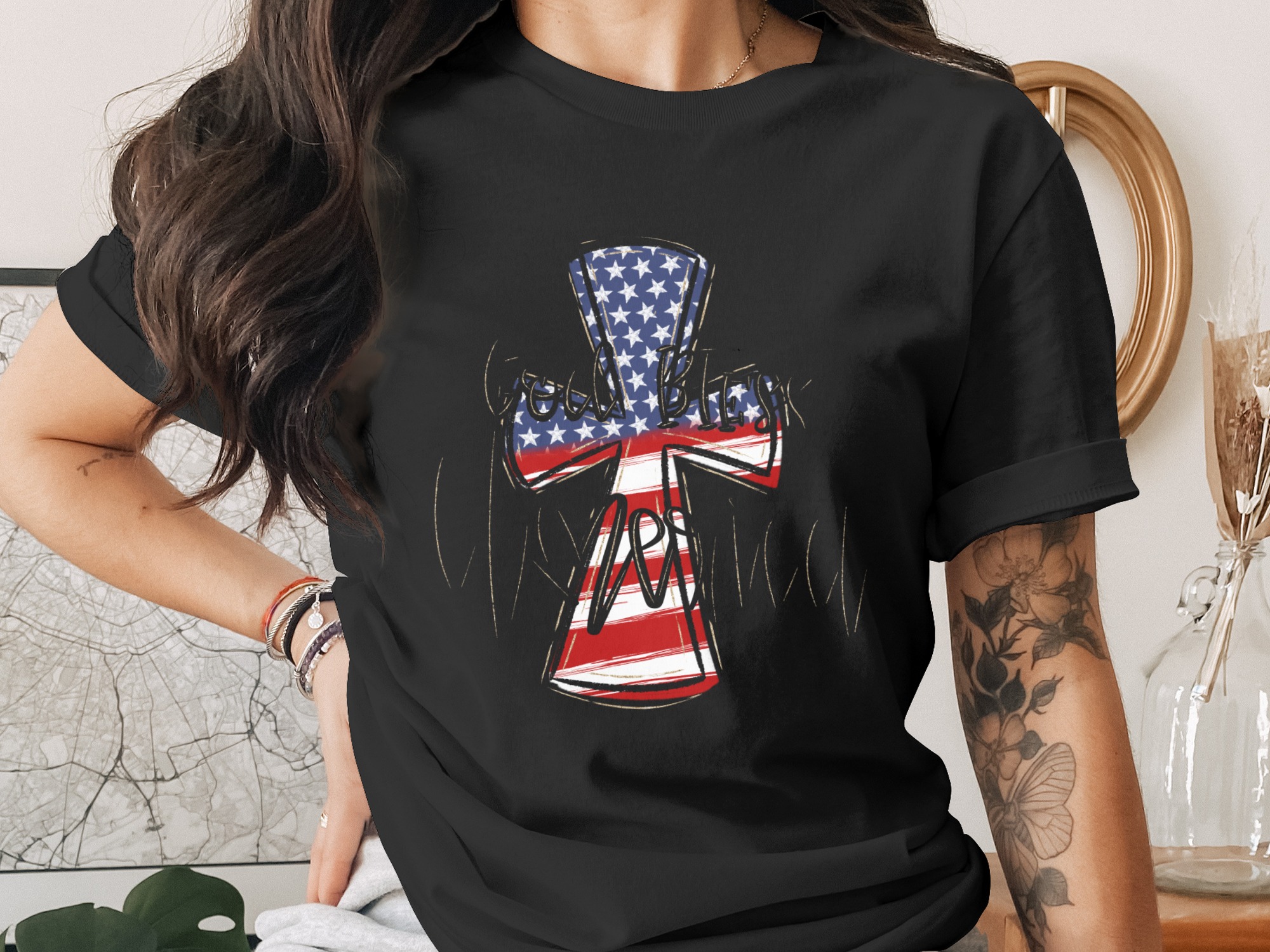 God Bless America Sublimation Design, Digital Download PNG DTF, Patriotic Cross Image, 4th July Shirt Design, USA Flag Art, American Pride - Image 2