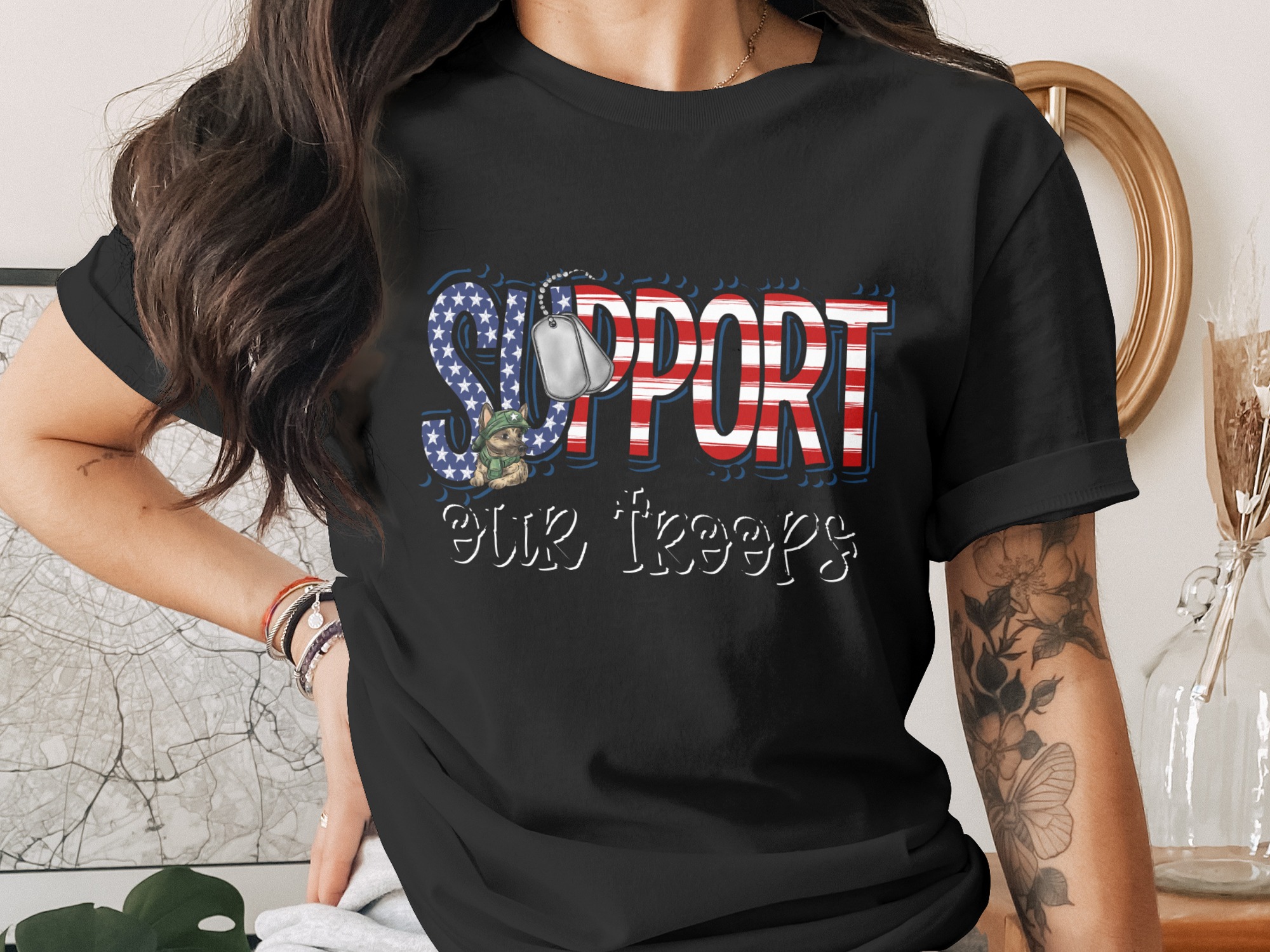 Support Our Troops Digital Download Sublimation PNG DTF, Patriotic Dog Design, Veteran Appreciation, Military German Shepherd, USA Flag - Image 2