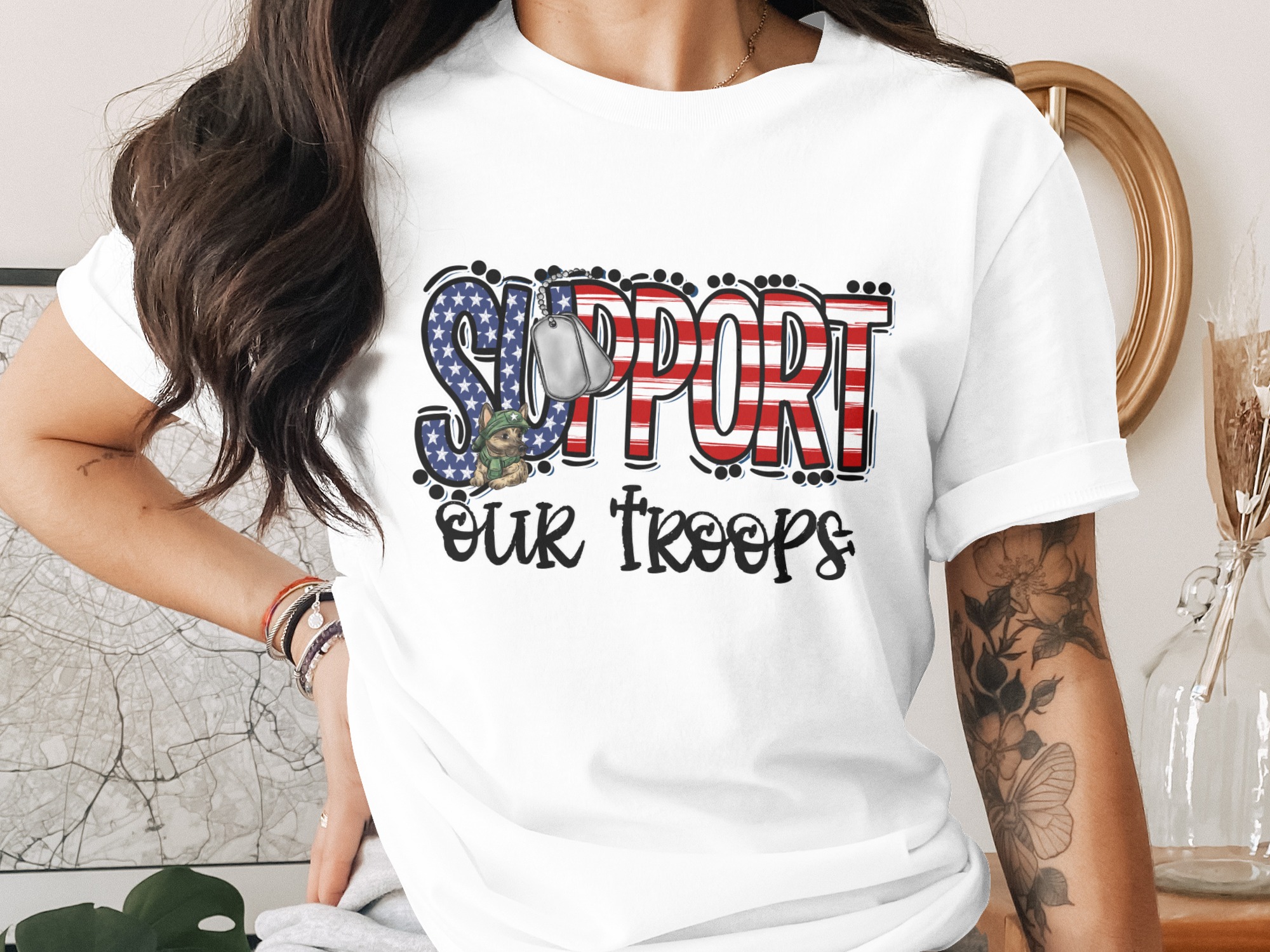 Support Our Troops Digital Download, Sublimation, DTF, PNG, Patriotic Design, Military Appreciation, American Flag, Dog Tags, Veteran