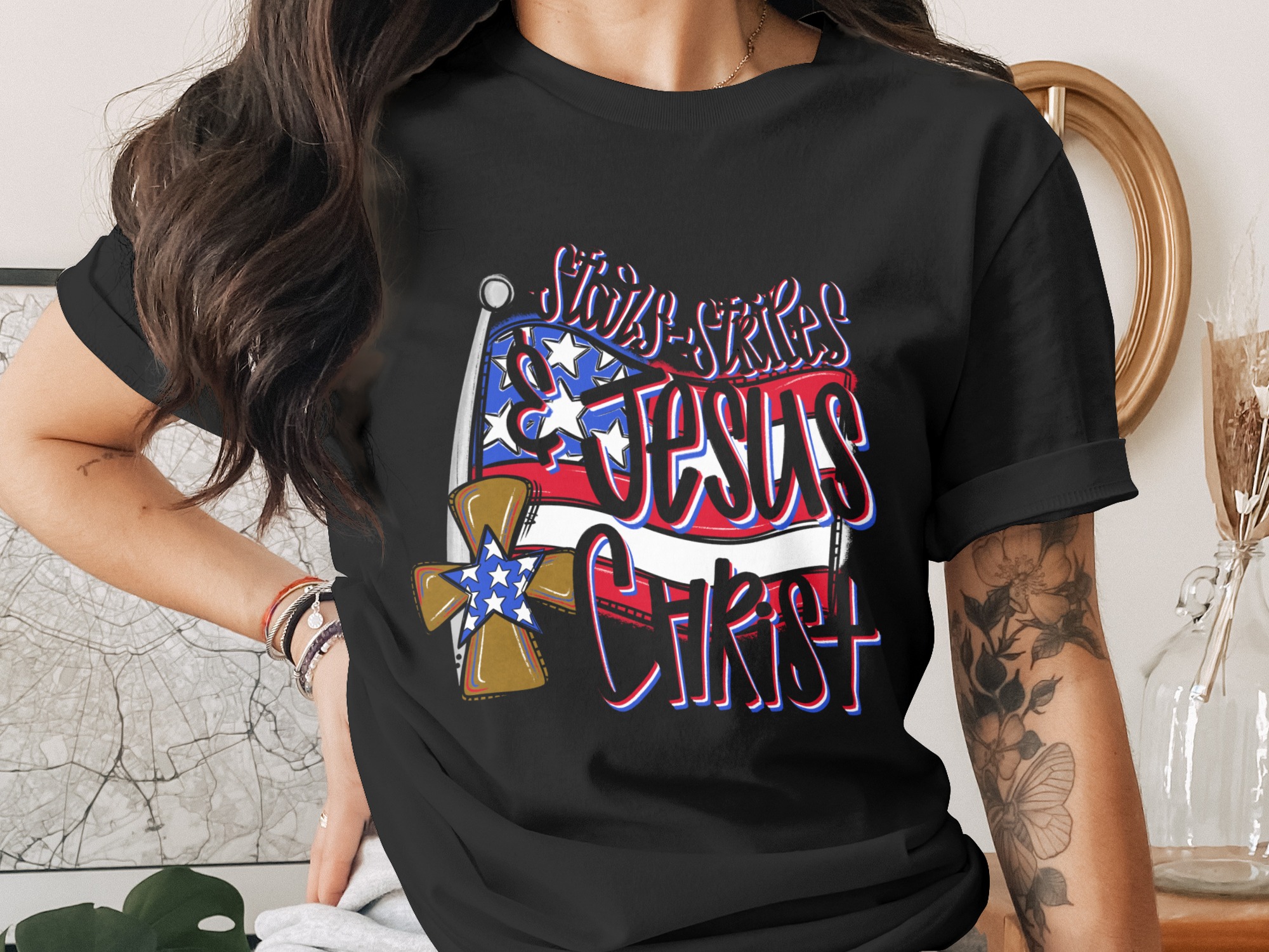 Stars Stripes Jesus Christ Digital Download, Patriotic PNG Sublimation, Christian DTF Print, USA Flag Graphic, Religious Design - Image 2