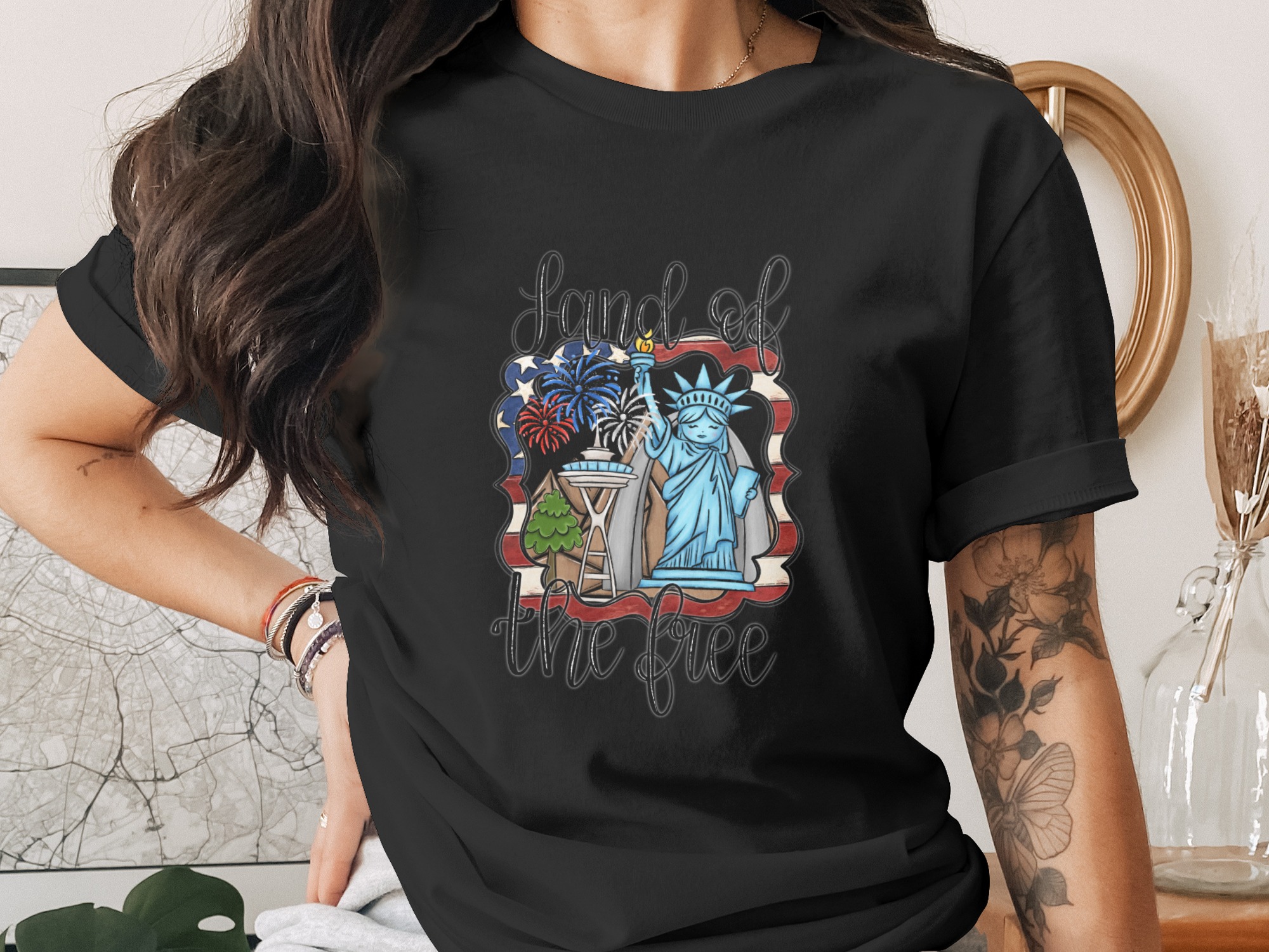 Land of Free Digital Download Sublimation, DTF, PNG, Patriotic American USA, Fireworks, Statue Liberty, Space Needle, 4th of July - Image 2
