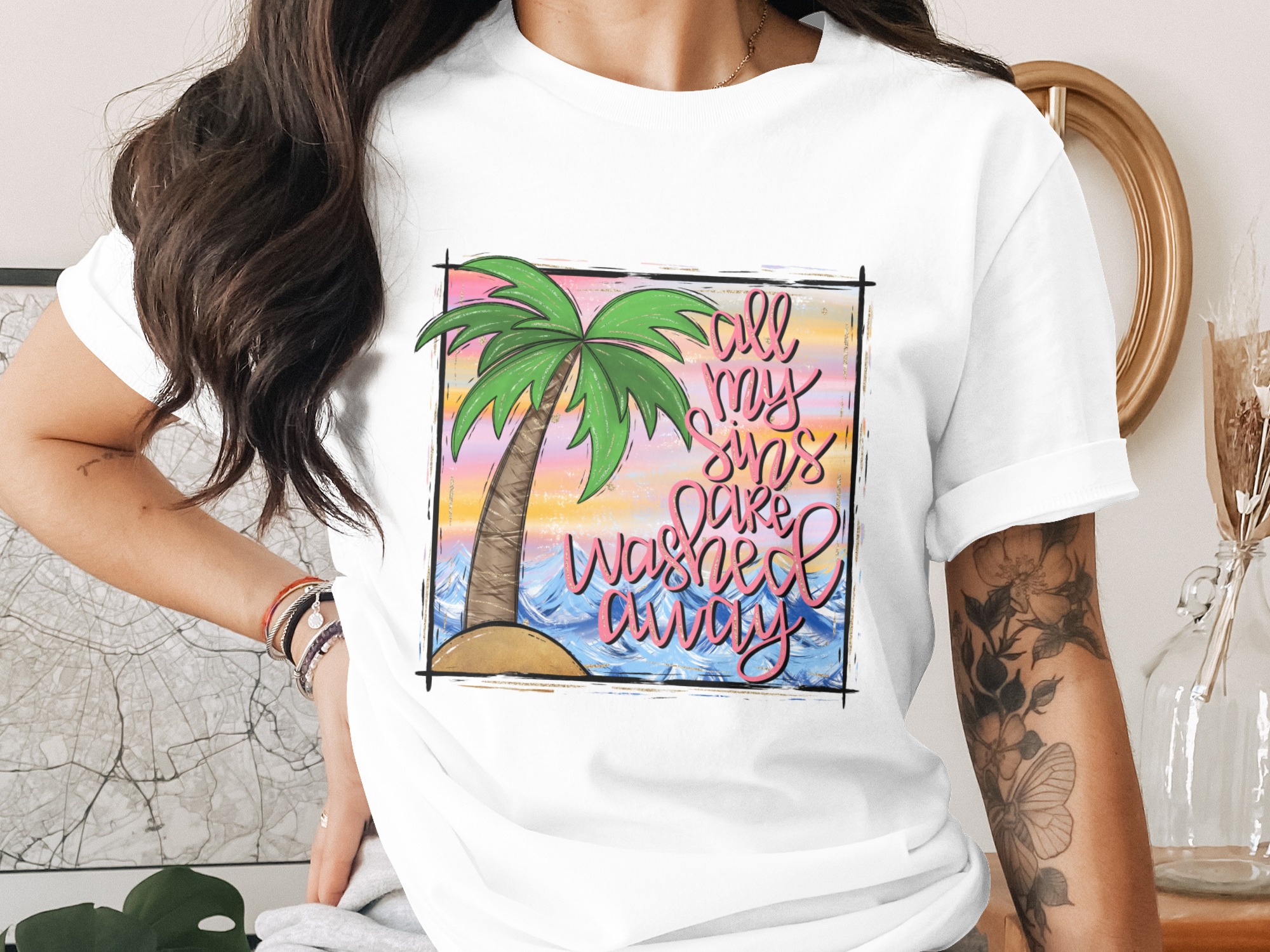 Washed Away Sins Digital Download, Palm Tree Sublimation, Beach DTF PNG, Christian Design, Faith Saying, Ocean Waves