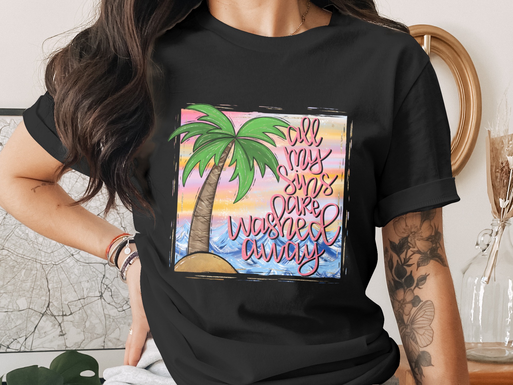Washed Away Sins Digital Download, Palm Tree Sublimation, Beach DTF PNG, Christian Design, Faith Saying, Ocean Waves - Image 2