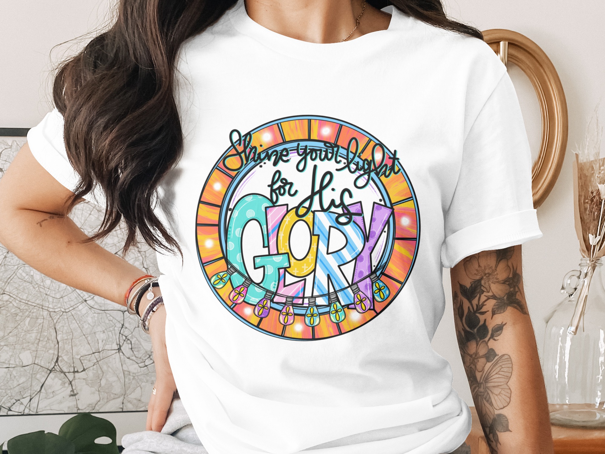 Shine Your Light For His Glory Digital Download Sublimation DTF PNG, Christian Design, Faith Graphic, Religious Art, Church Decor