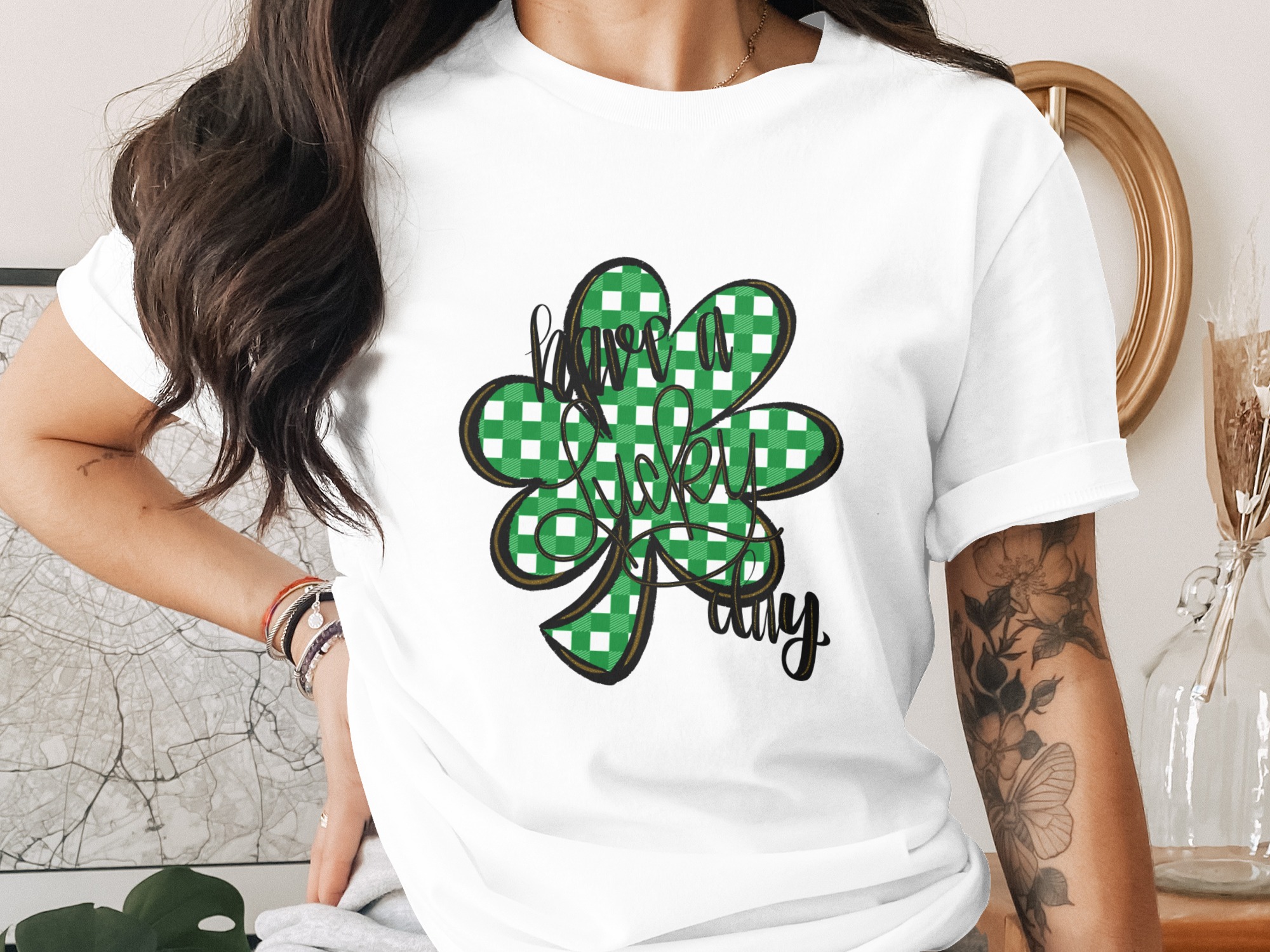 Lucky Day Clover Digital Download, Sublimation PNG DTF, St Patricks Day, Irish, Green Plaid Pattern, Four Leaf Clover, Lucky Charm