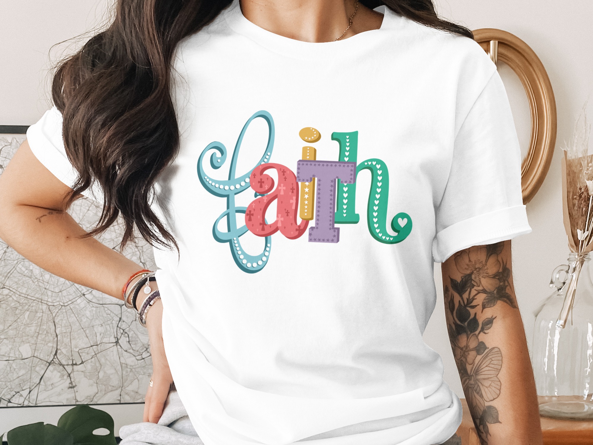 Faith Digital Download, Sublimation Design, DTF PNG, Christian Art, Religious, Hearts Stars Crosses, Printable Art, Crafting Design