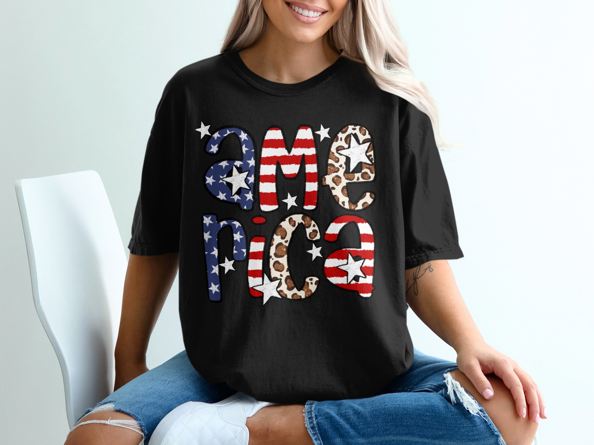 America T-Shirt, Patriotic T-Shirt, USA T-Shirt, American Flag T-Shirt, 4th of July T-Shirt, Leopard Print T-Shirt, Star T-Shirt - Image 2