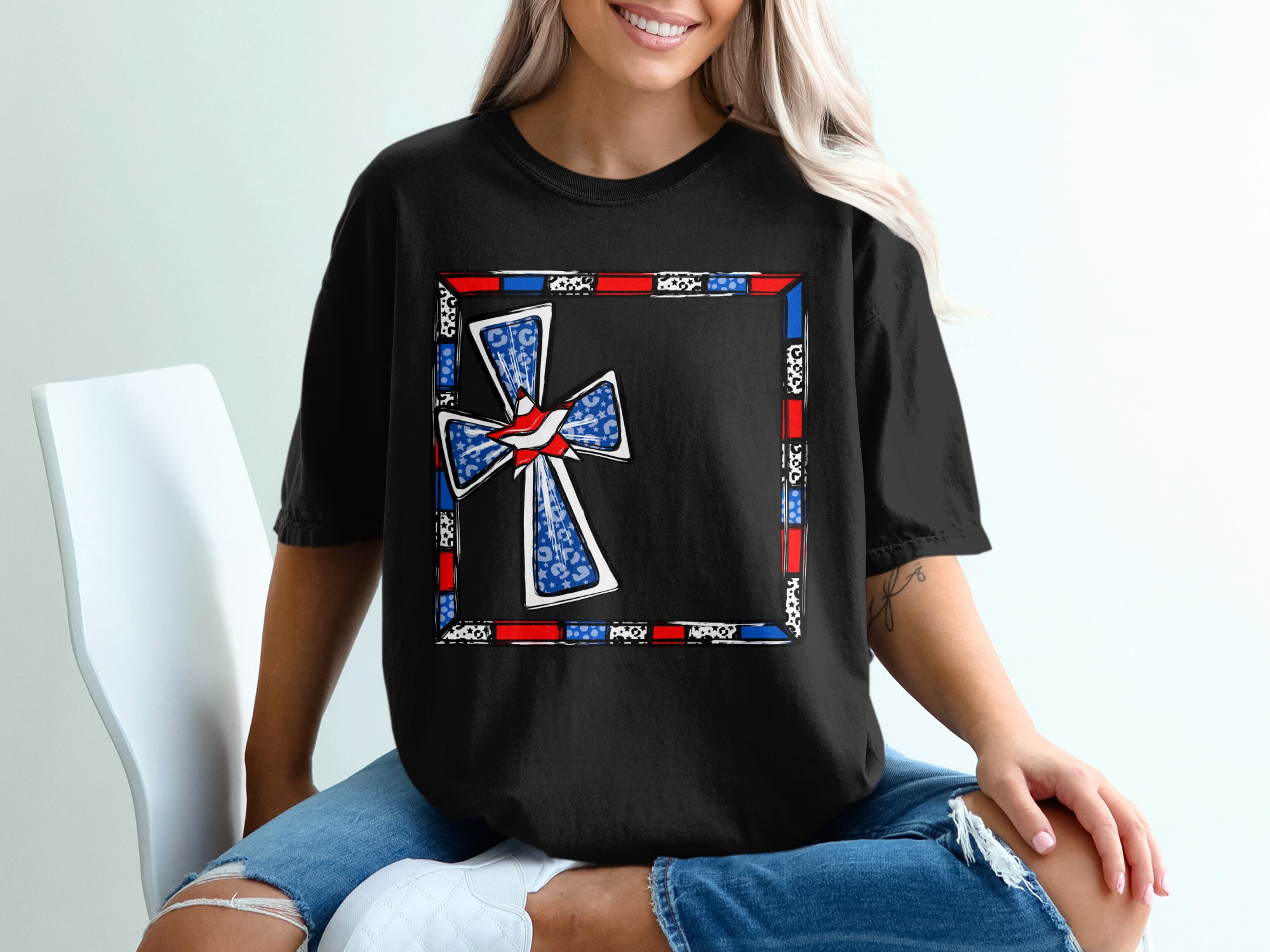 Patriotic Cross T-Shirt, USA Flag Design, American Pride Tee, July 4th Apparel, Red White and Blue Shirt, Celebration Gift, T-Shirt - Image 2