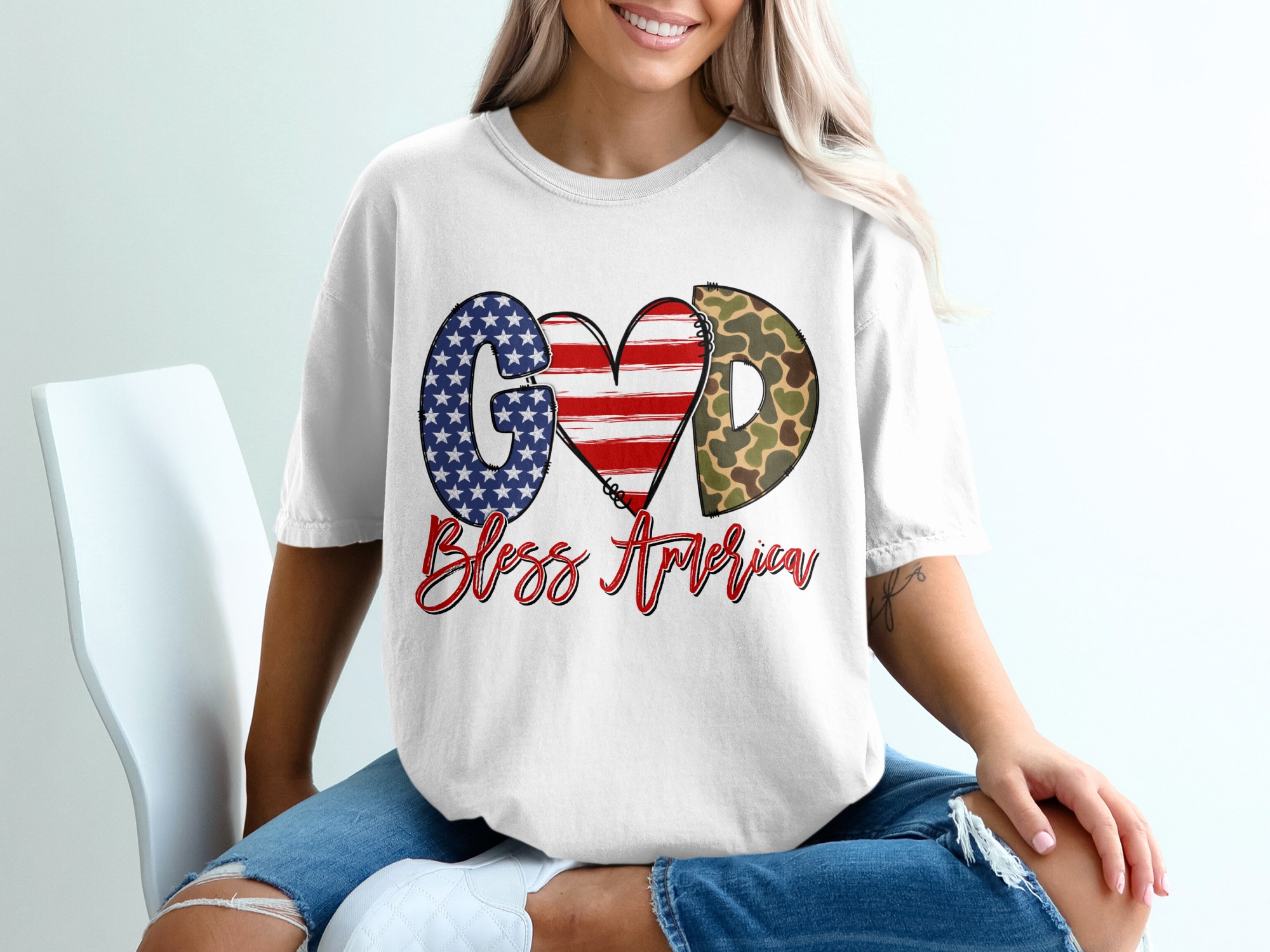 Bless America T-Shirt, God Patriotic Tee, USA Flag Shirt, American Pride Apparel, Camouflage Tee, Patriotic Gift, Trendy Graphic Tee