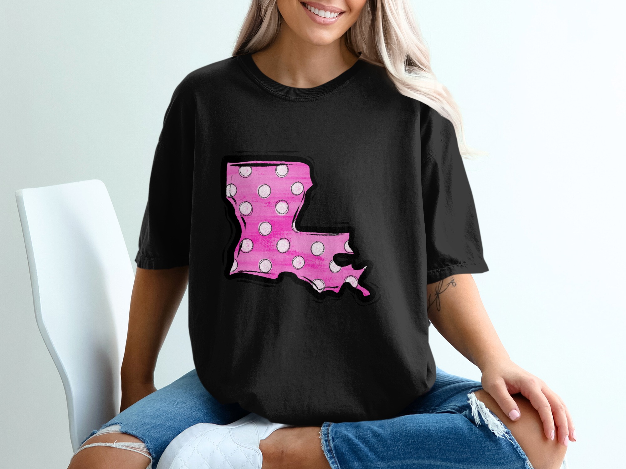 Louisiana State T-Shirt, Pink Polka Dot, Unique Gift Idea, Souvenir T-Shirt, Travel Tee, Trendy Graphic Tee, Louisiana Pride - Image 2