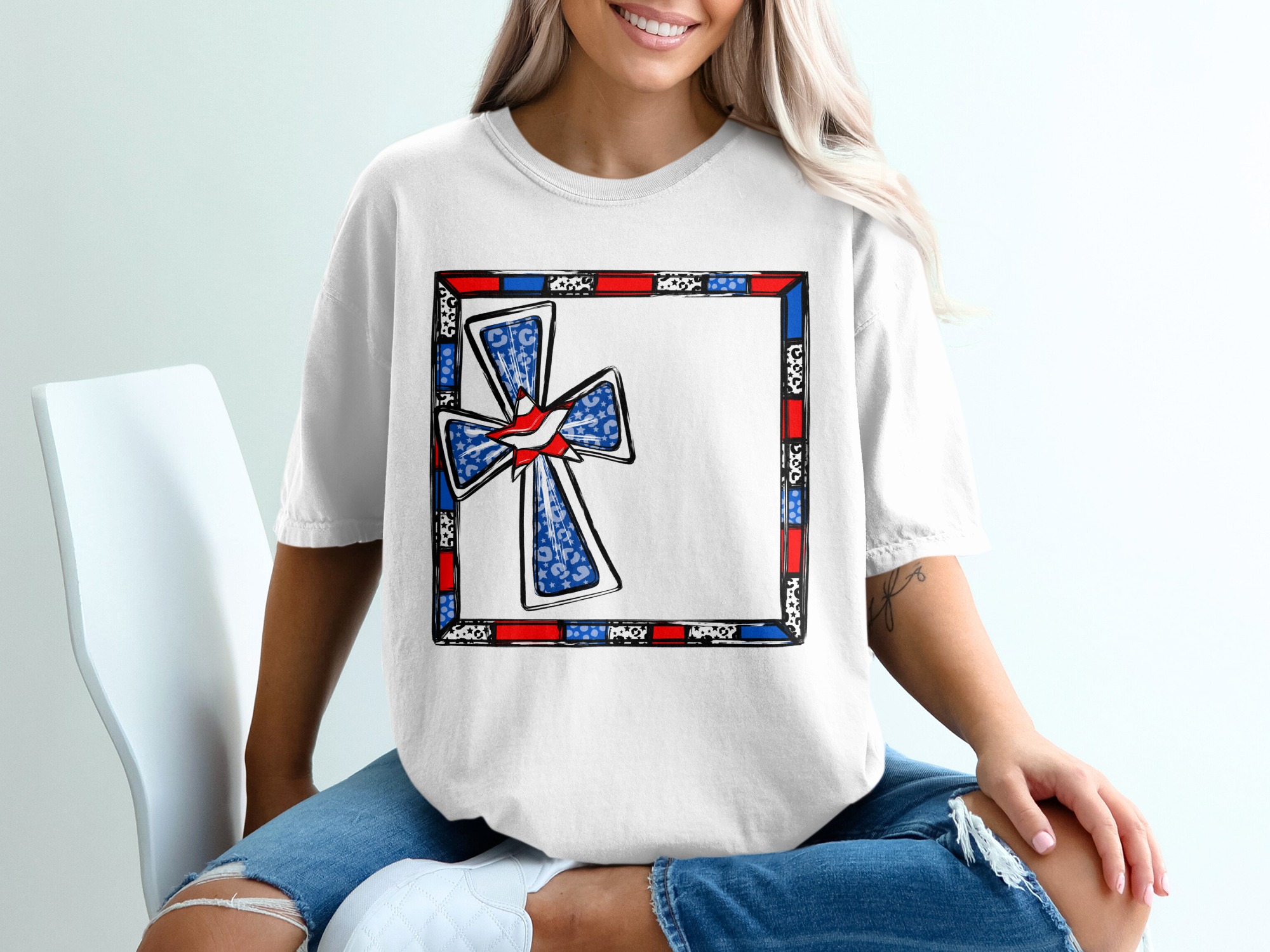 Patriotic Cross T-Shirt, USA Flag Design, American Pride Tee, July 4th Apparel, Red White and Blue Shirt, Celebration Gift, T-Shirt