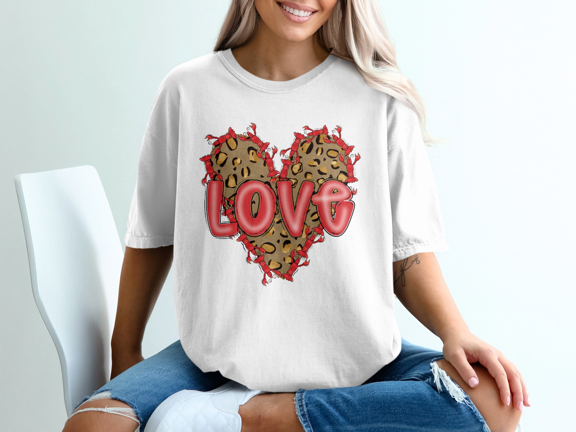 Leopard Heart Crawfish Love T-Shirt, Red Louisiana Lobster Tee, Cajun Food Shirt, Valentine's Day Gift Shirt, Southern Style Tee
