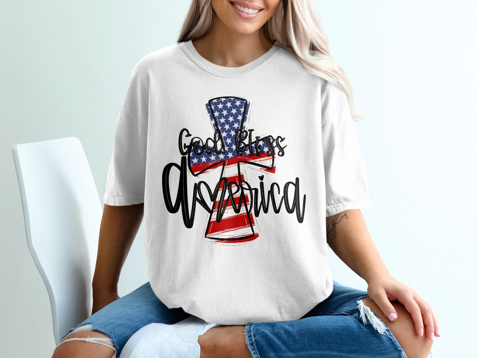 God Bless America T-Shirt, Patriotic Tee, USA Flag Cross, Christian Shirt, Fourth of July Shirt, American Pride, Religious Gift T-Shirt