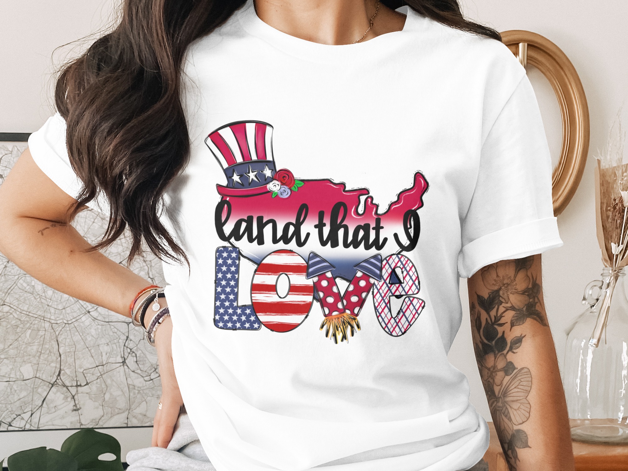 Land that I Love Digital Download, Sublimation PNG, DTF Print, Patriotic Design, 4th of July Clipart, USA Map, Uncle Sam Hat