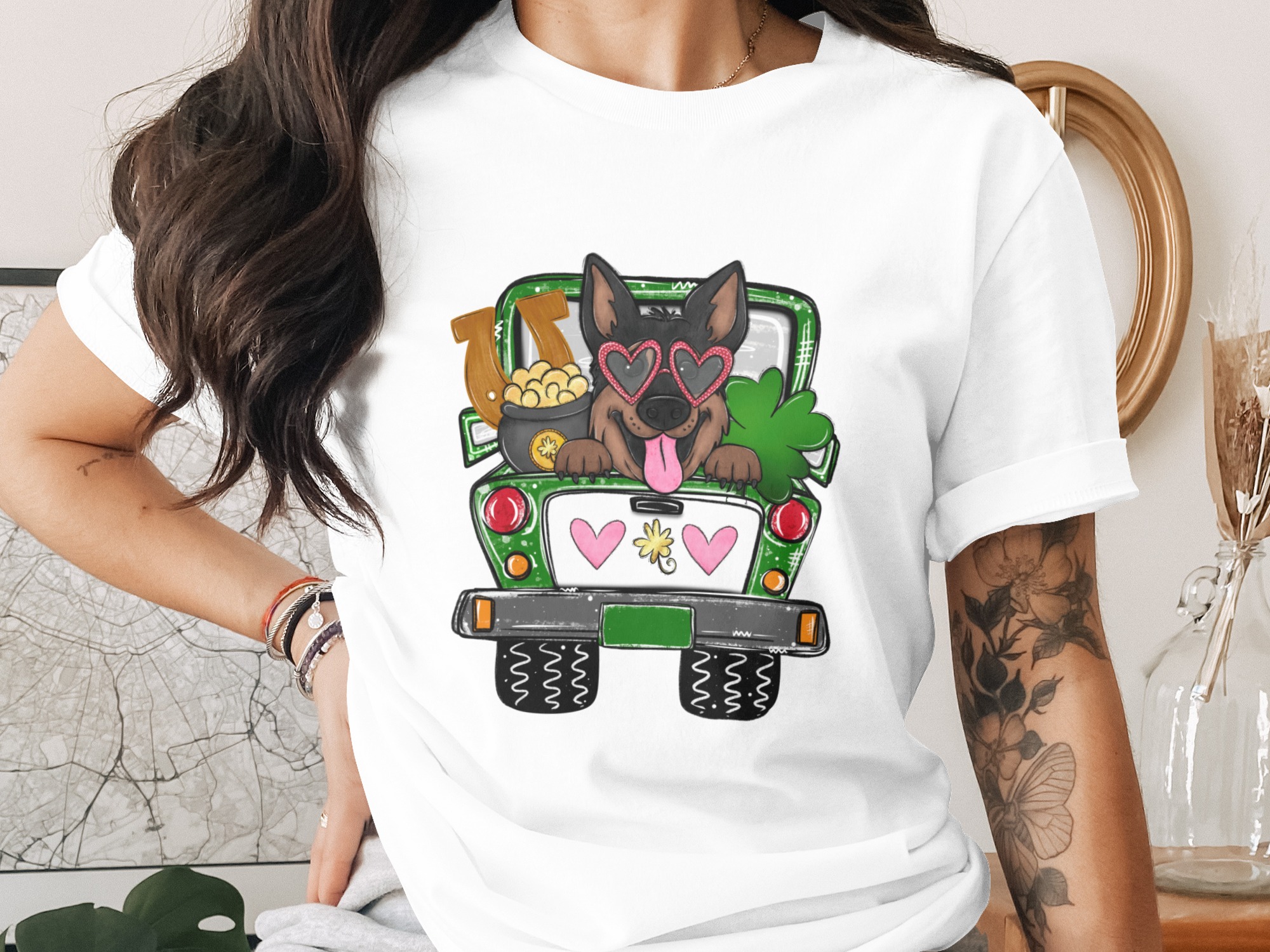 St Patricks Day German Shepherd Truck Digital Download PNG DTF Sublimation Design, Lucky Dog, Irish Puppy, Clover, Pot of Gold, Printable