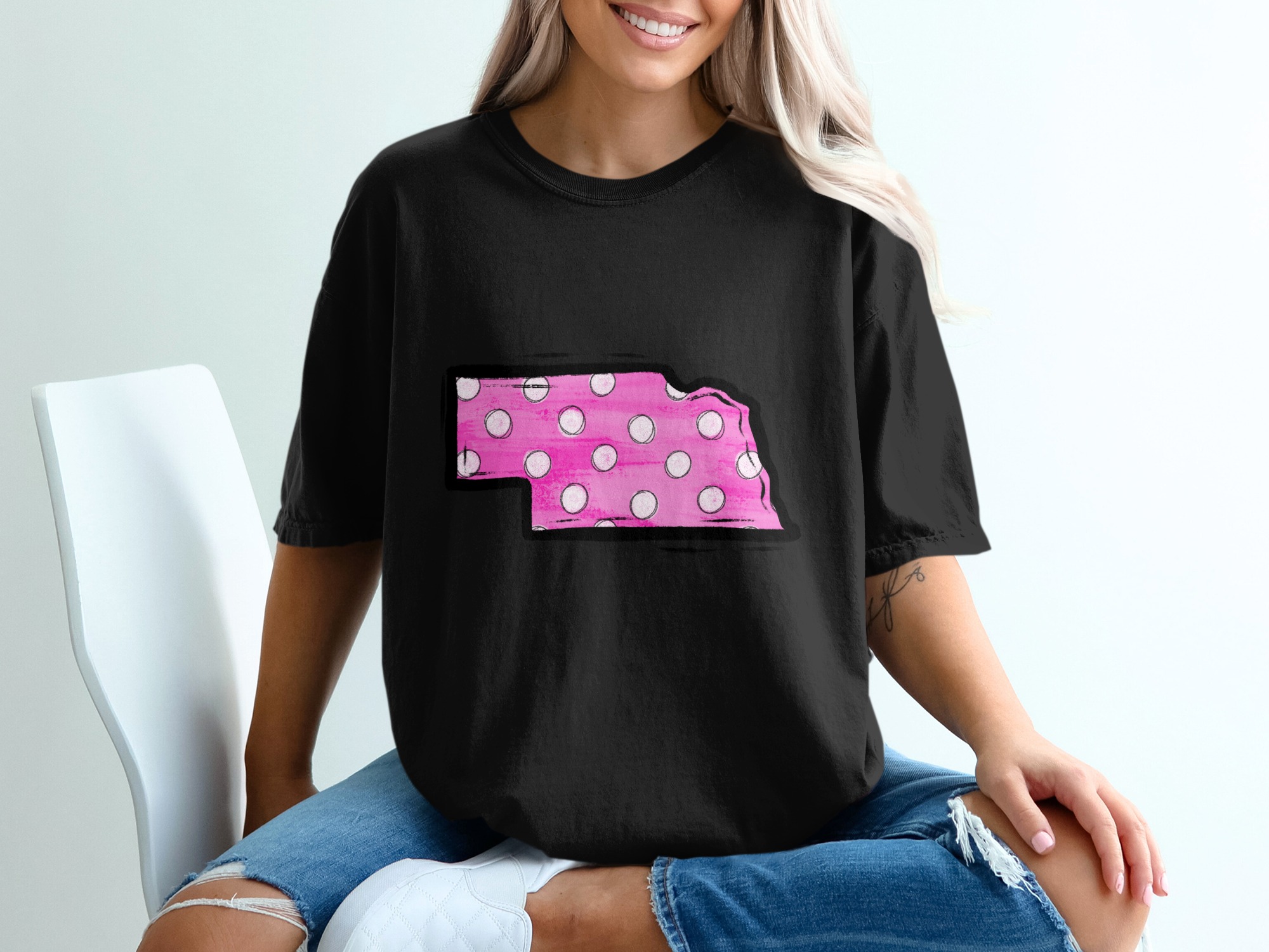Nebraska State Polka Dot T Shirt, Pink and White Design Tee, Nebraska Lover Shirt, Gift for Nebraska Native, Cool State T Shirt - Image 2