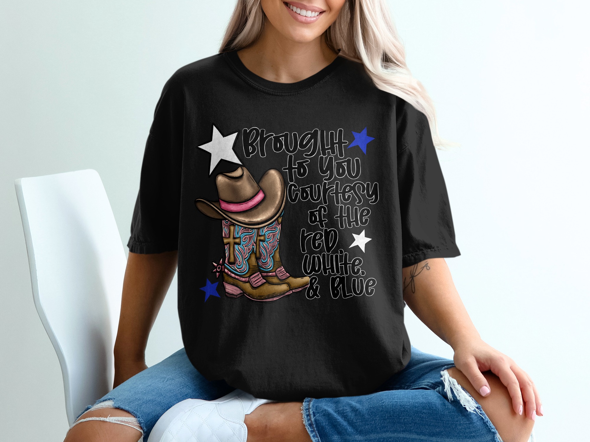 Red White and Blue T-Shirt, Patriotic Cowboy Boots, USA Flag Shirt, American Pride Tee, Country Western Top, Star Design T-Shirt - Image 2