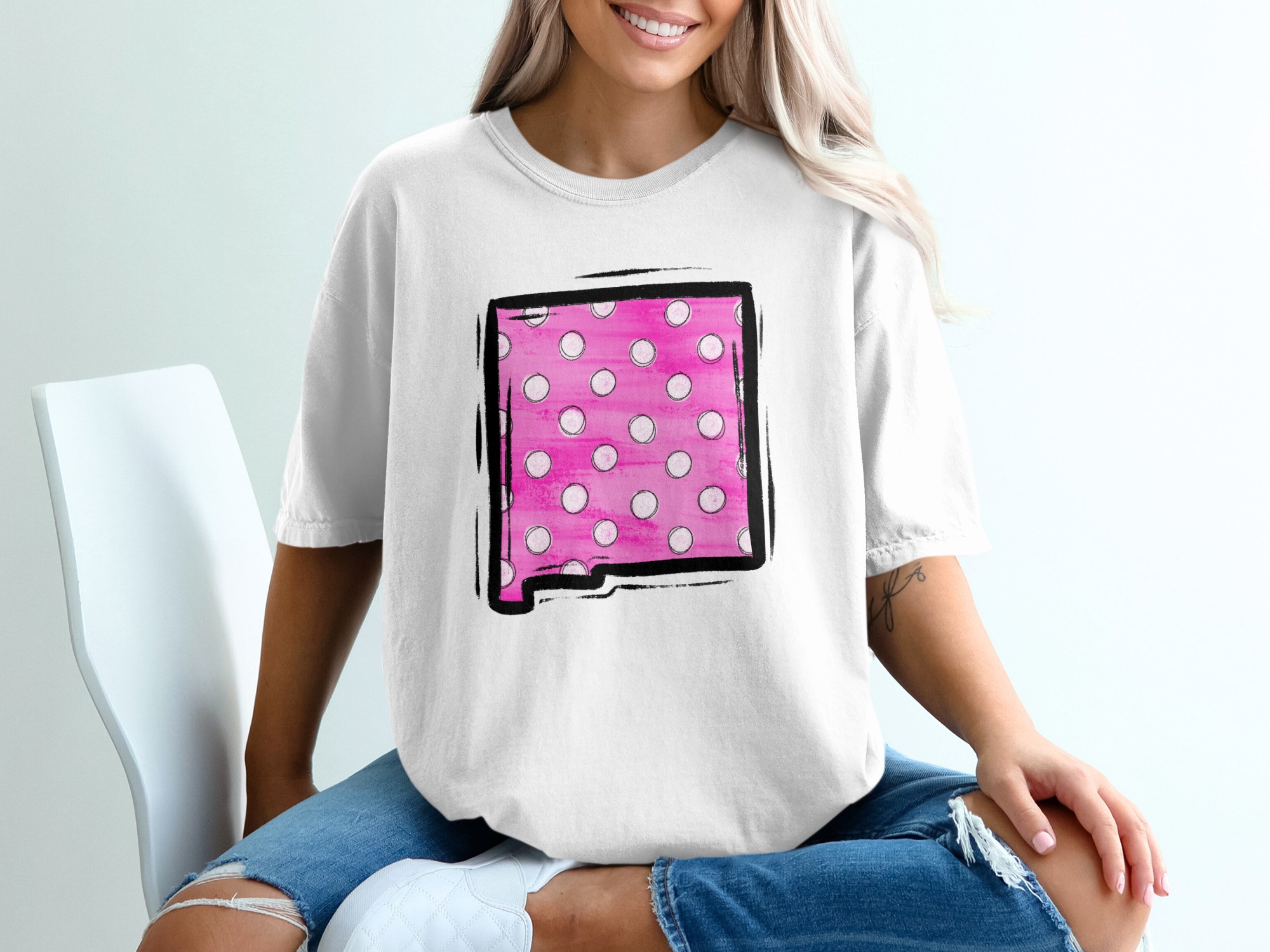 Pink Polka Dot T-Shirt, Abstract Design, Square Graphic Tee, Trendy Top, Casual Wear, Stylish Shirt, Fashionable Apparel, Gift Idea