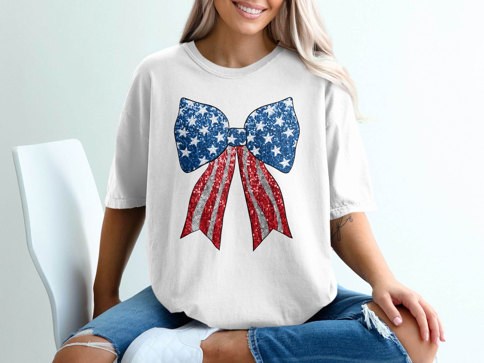 Patriotic Bow T-Shirt, USA Flag Bow Shirt, 4th of July T Shirt, American Pride Tee, Red White Blue Shirt, Independence Day Gift