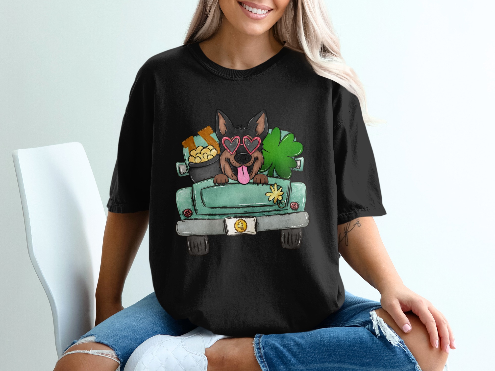 St Patricks Day T-Shirt, German Shepherd Dog in Truck with Shamrock, Pot of Gold T-Shirt, Lucky Irish Puppy Tee, Dog Lover Gift T-Shirt - Image 2