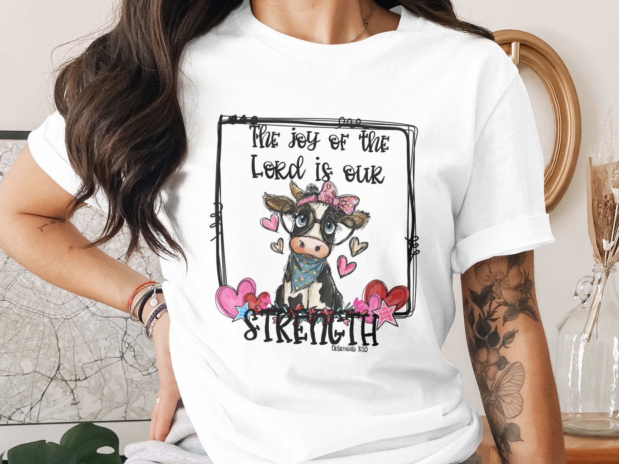 Cute Cow Joy of The Lord Digital Download Sublimation PNG DTF, Religious Cow Print, Hearts, Nehemiah 8 10 Christian Design, Cartoon Farm - Image 2