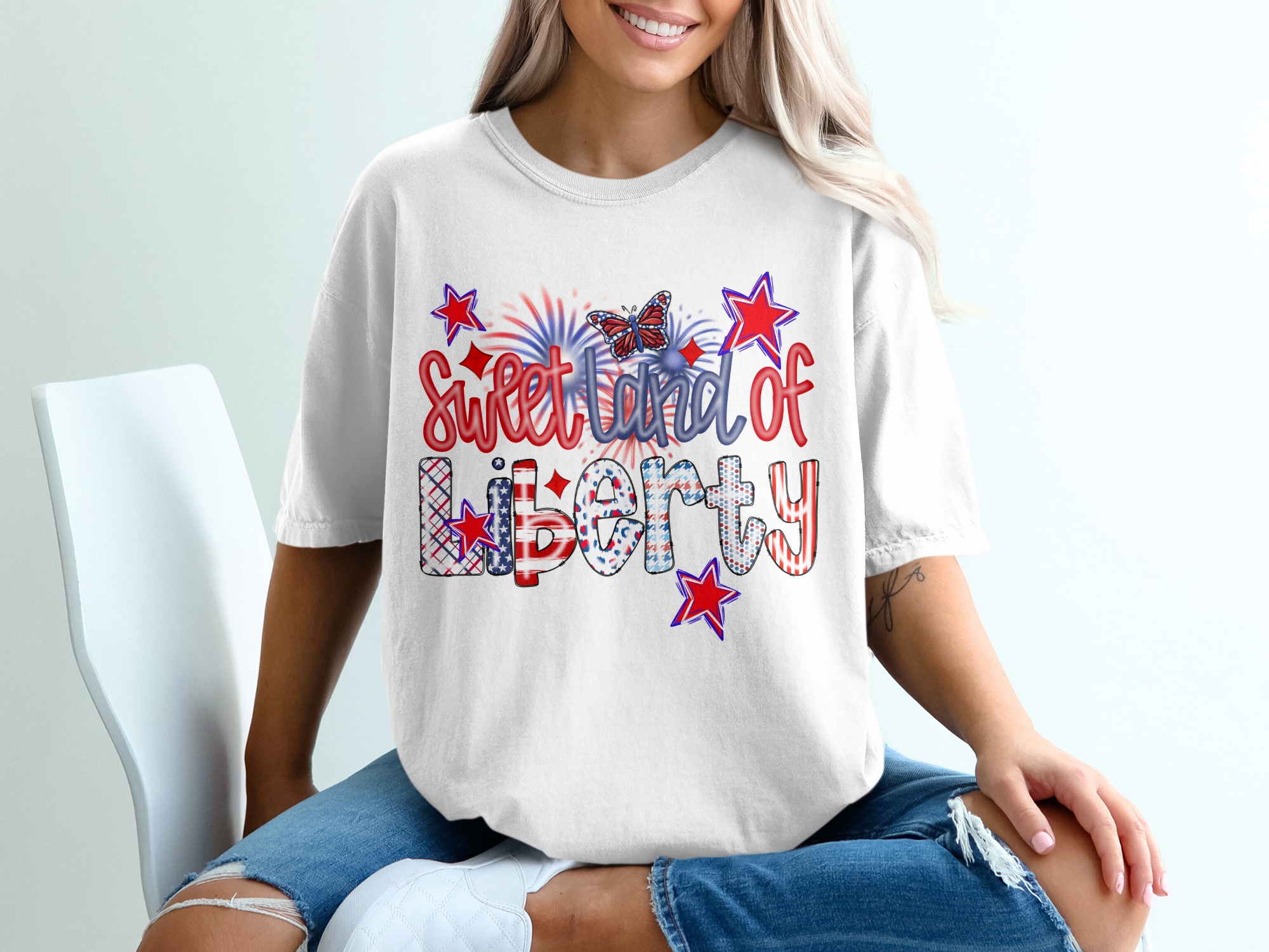 Sweet Land of Liberty T-Shirt, Patriotic Tee, July 4th Shirt, USA Stars, Butterfly Shirt, Fireworks T-Shirt, Independence Day Gift