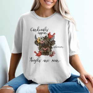 Cardinals Appear T-Shirt, Angels Are Near, Highland Cow with Flowers, Floral Cow T-Shirt, Bird Shirt, Memorial Gift, Bereavement