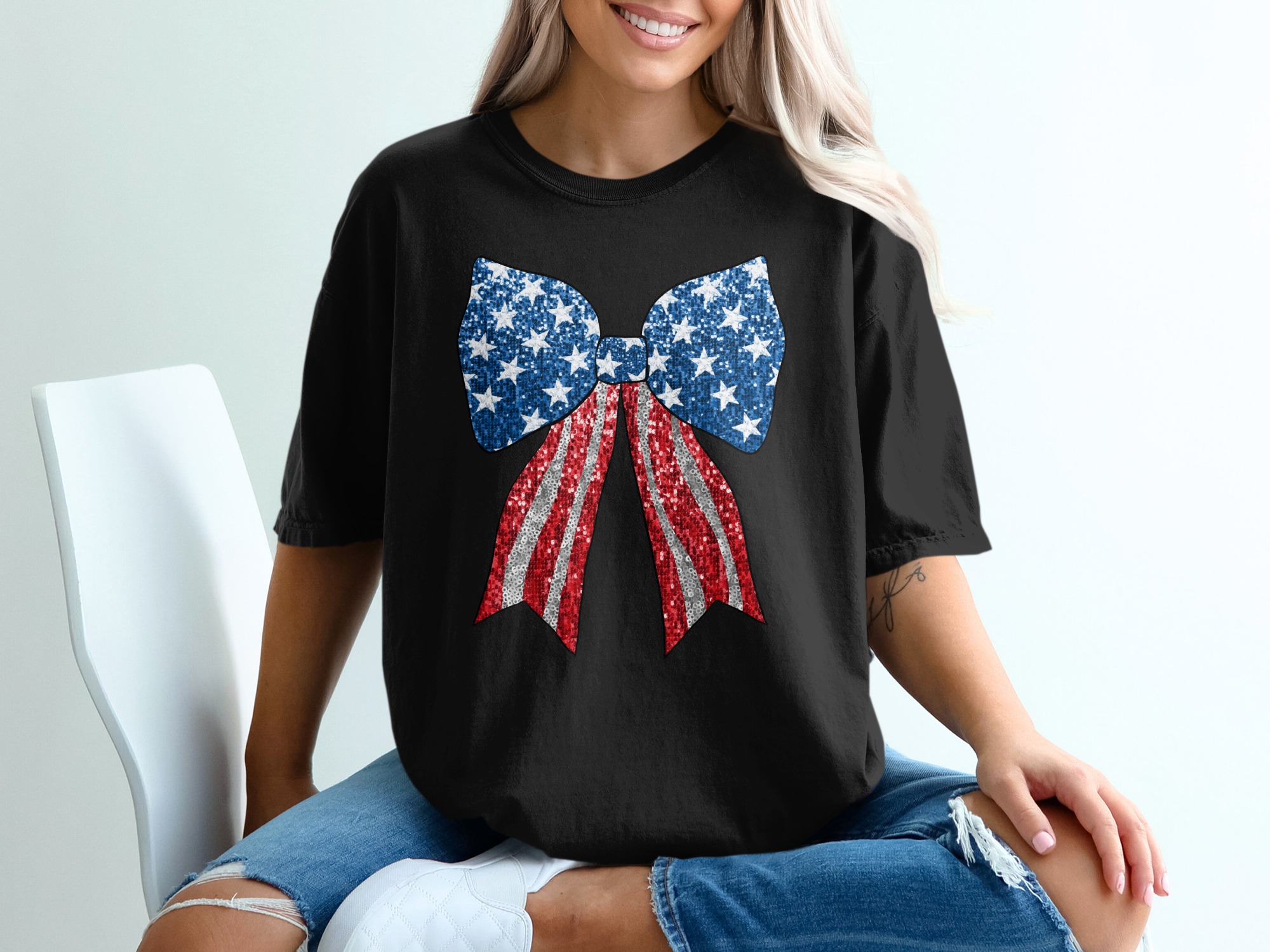 Patriotic Bow T-Shirt, USA Flag Bow Shirt, 4th of July T Shirt, American Pride Tee, Red White Blue Shirt, Independence Day Gift - Image 2