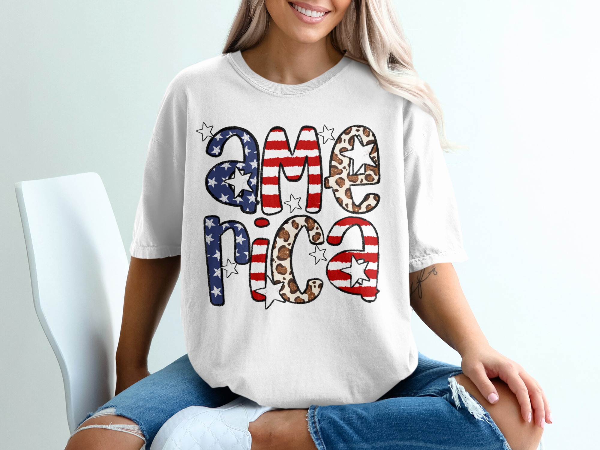 America T-Shirt, Patriotic T-Shirt, USA T-Shirt, American Flag T-Shirt, 4th of July T-Shirt, Leopard Print T-Shirt, Star T-Shirt