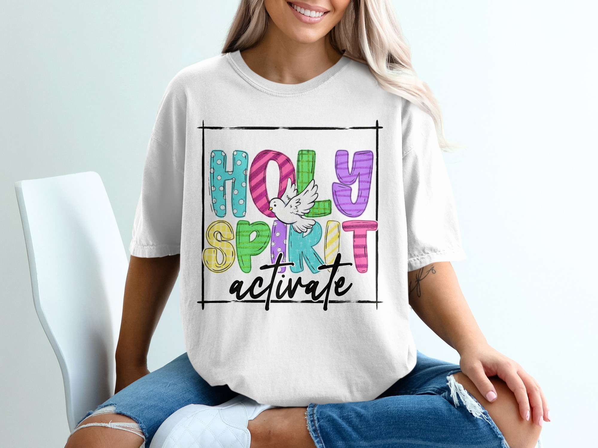Holy Spirit Activate T-Shirt, Dove T Shirt, Christian TShirt, Colorful Graphic Tee, Religious Shirt, Gift for Christians, Faith Tee