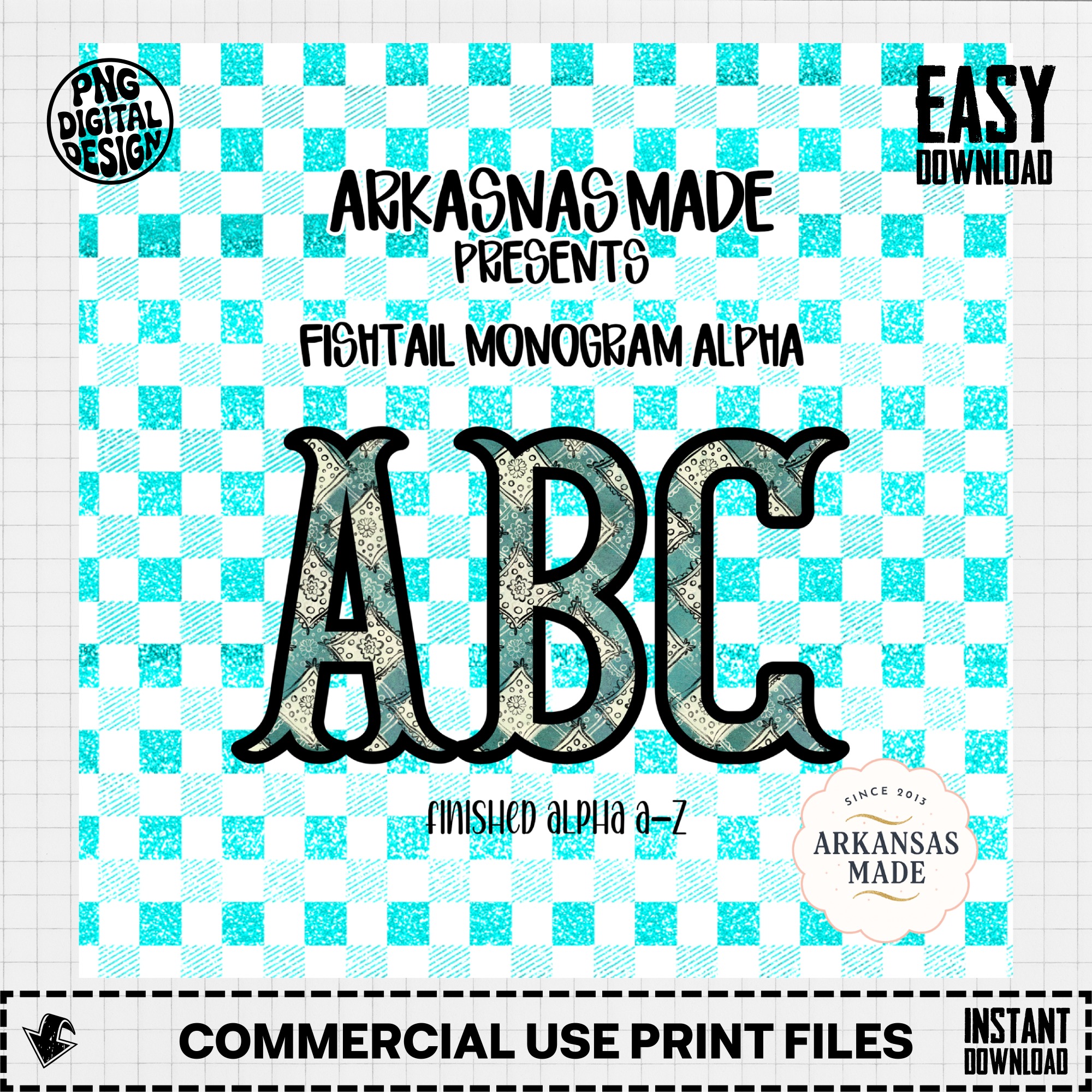 Fishtail Monogram Alpha, Paisley Font Letters, Bandana Alphabet PNG, Distressed Teal Gingham, Digital Download, Custom Initials, Alpha Pack - Image 2