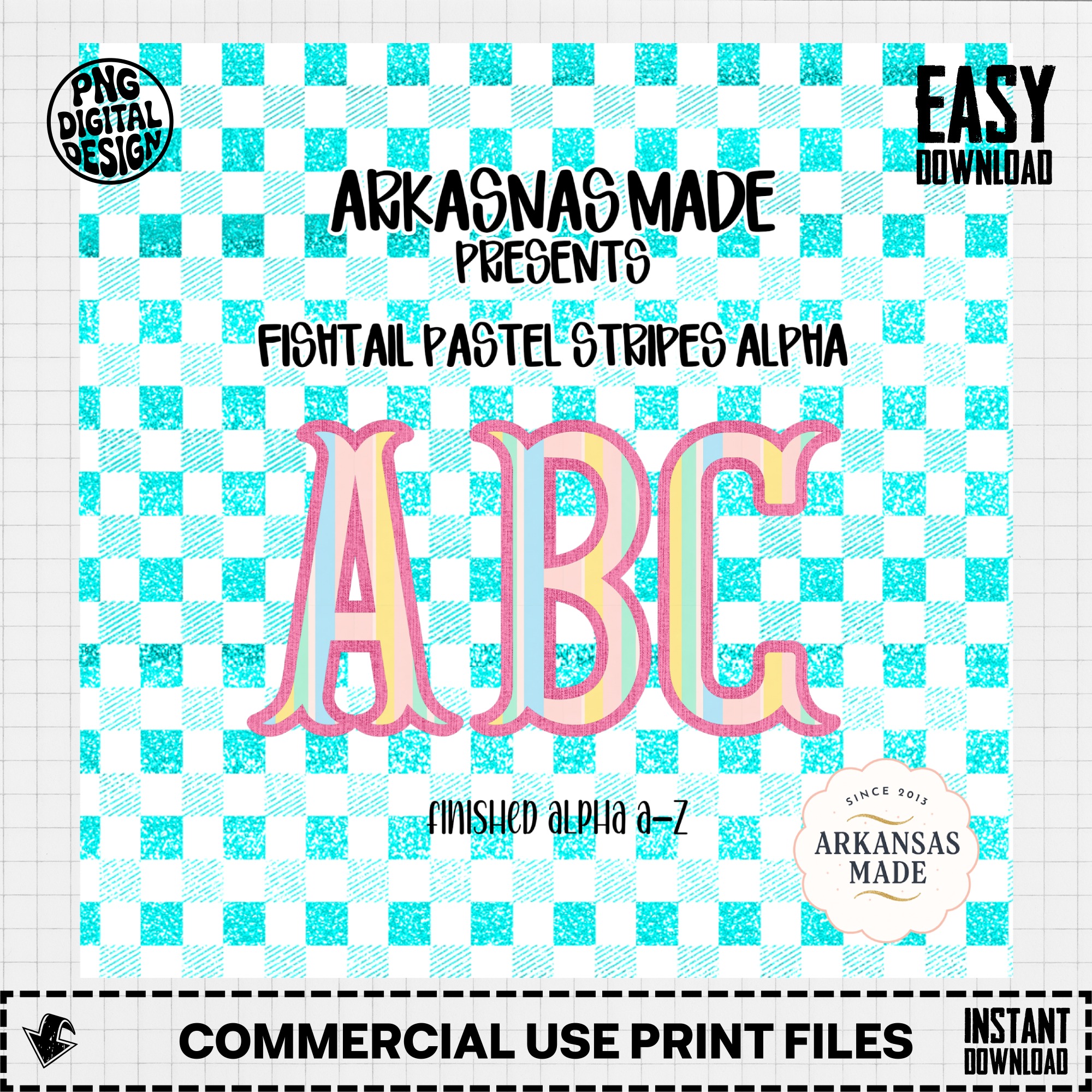 Fishtail Pastel Stripes Alpha, Glitter Turquoise Gingham Alphabet Letters, Digital Download PNG Alpha A-Z, Monogram Clipart Bundle. - Image 2