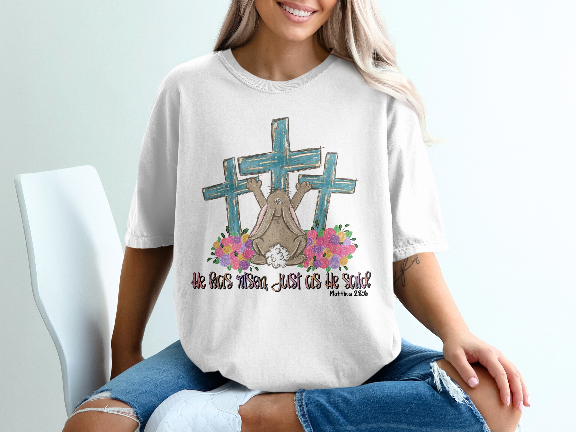 He Has Risen T-Shirt, Easter Christian Matthew 28:6 Tee, Resurrection Bunny Cross Shirt, Religious Faith Apparel, Spring Worship Top