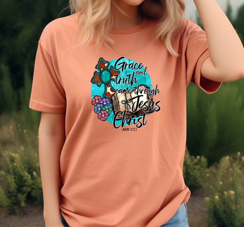 Grace Truth Jesus Christ Digital Download Sublimation DTF PNG, Christian Design, Floral Cross, Bible Verse, John 1 17, Ready to Press - Image 5