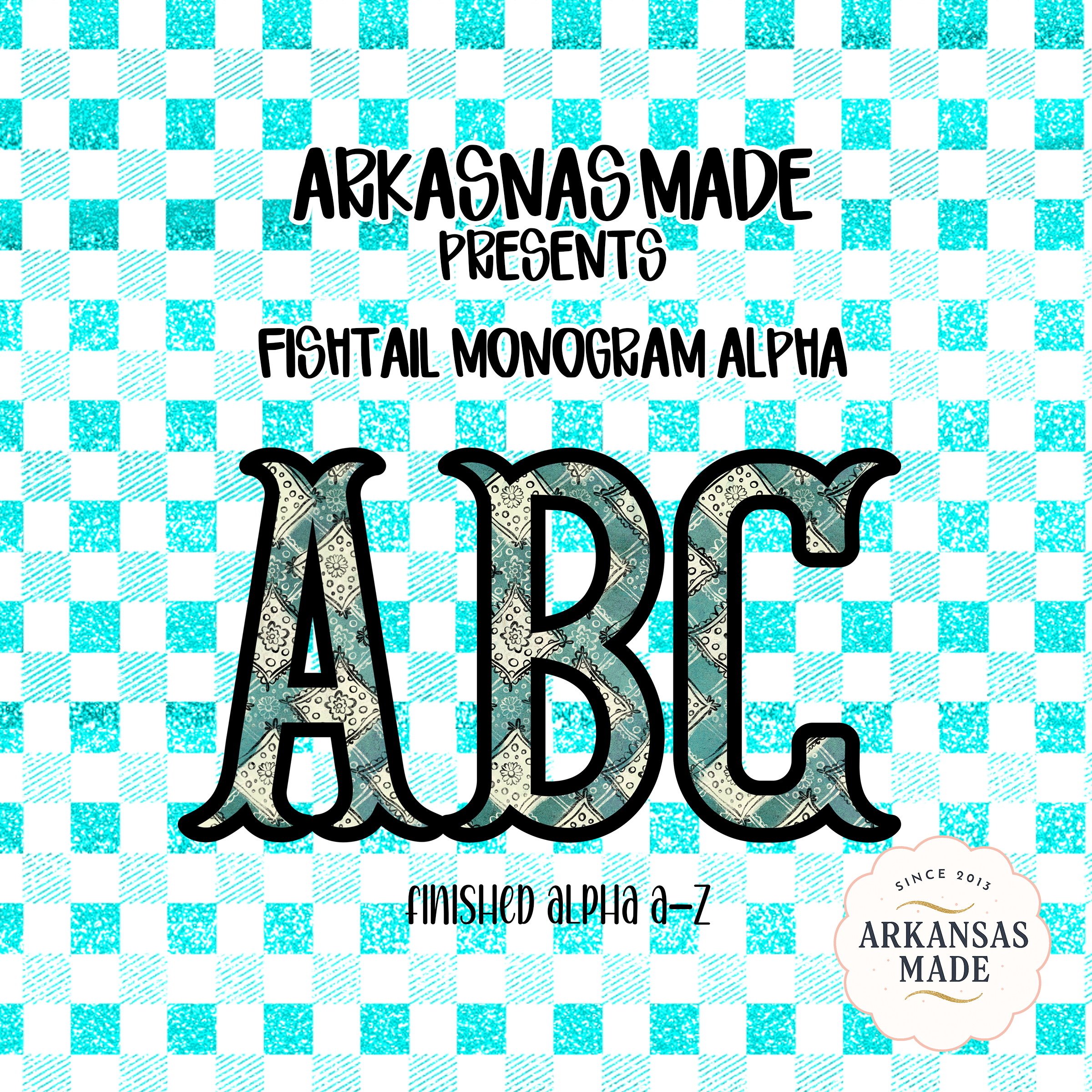 Fishtail Monogram Alpha, Paisley Font Letters, Bandana Alphabet PNG, Distressed Teal Gingham, Digital Download, Custom Initials, Alpha Pack
