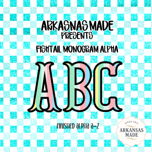 Fishtail Monogram Alpha PNG, Digital Download Alphabet Letters A-Z, Pastel Striped Font, Glitter Checkered Background, Craft Clipart
