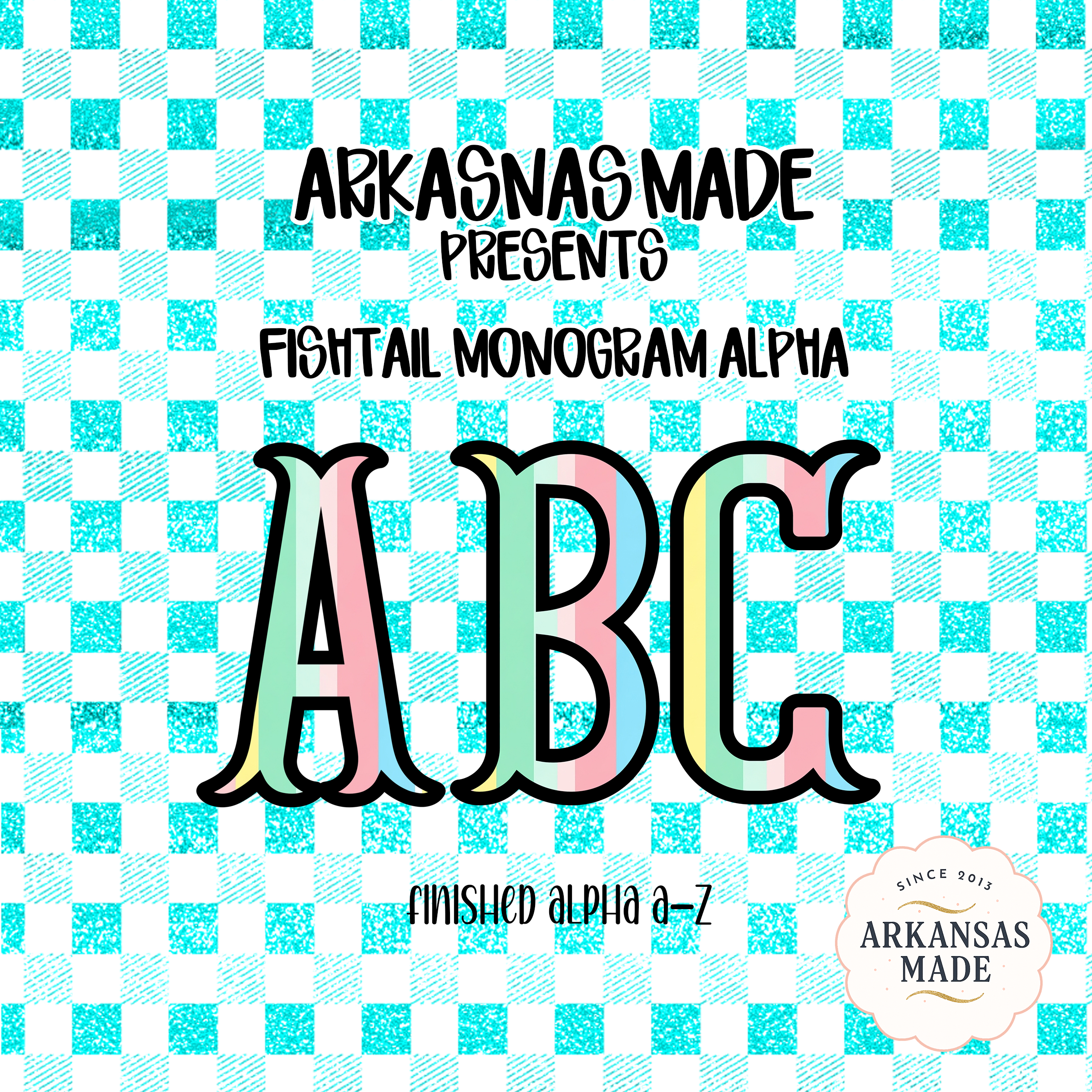 Fishtail Monogram Alpha PNG, Digital Download Alphabet Letters A-Z, Pastel Striped Font, Glitter Checkered Background, Craft Clipart