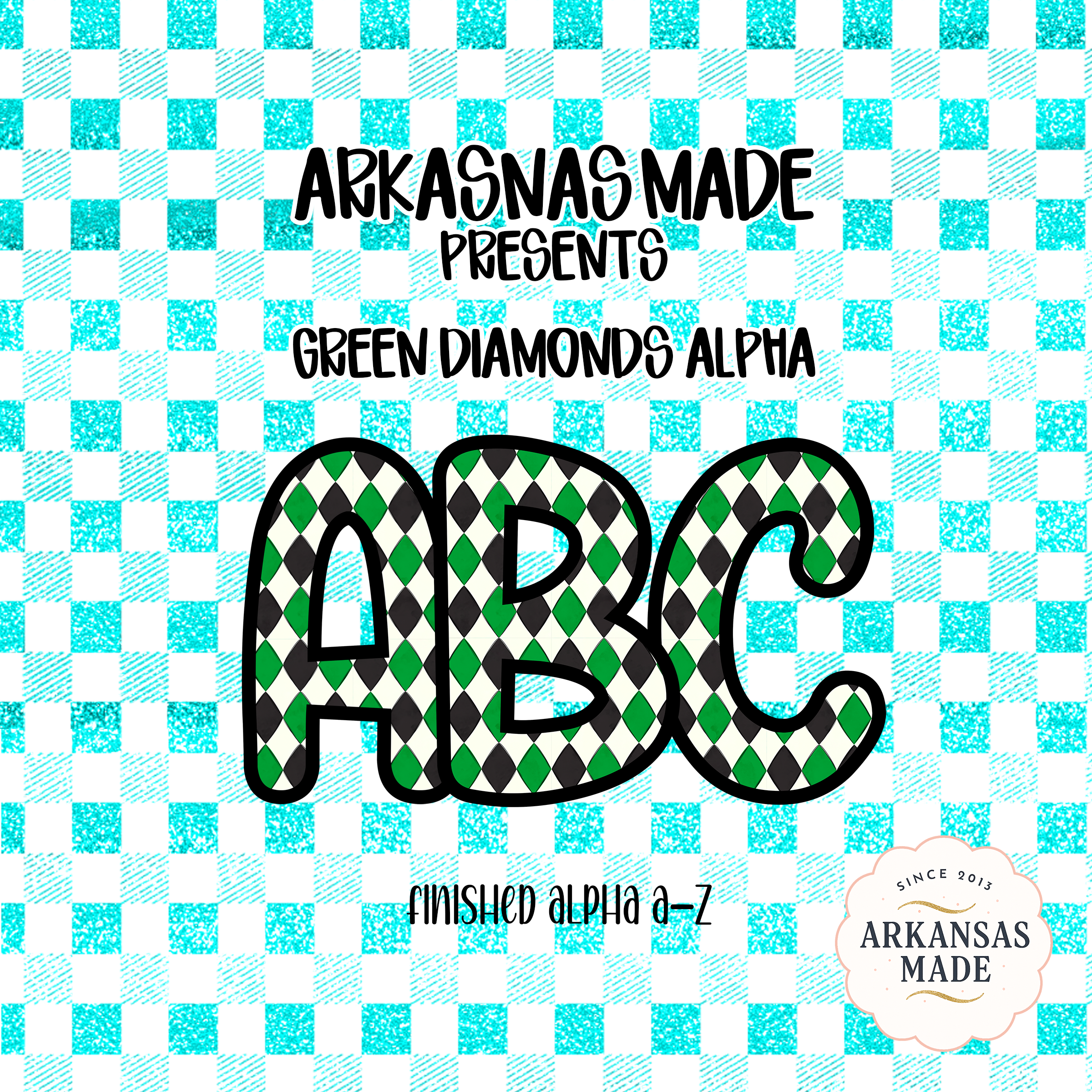Green Diamond Argyle Alpha PNG, Digital Download Alphabet Letters, Checkered Glitter Background, Complete A-Z Set, Crafting, Sublimation