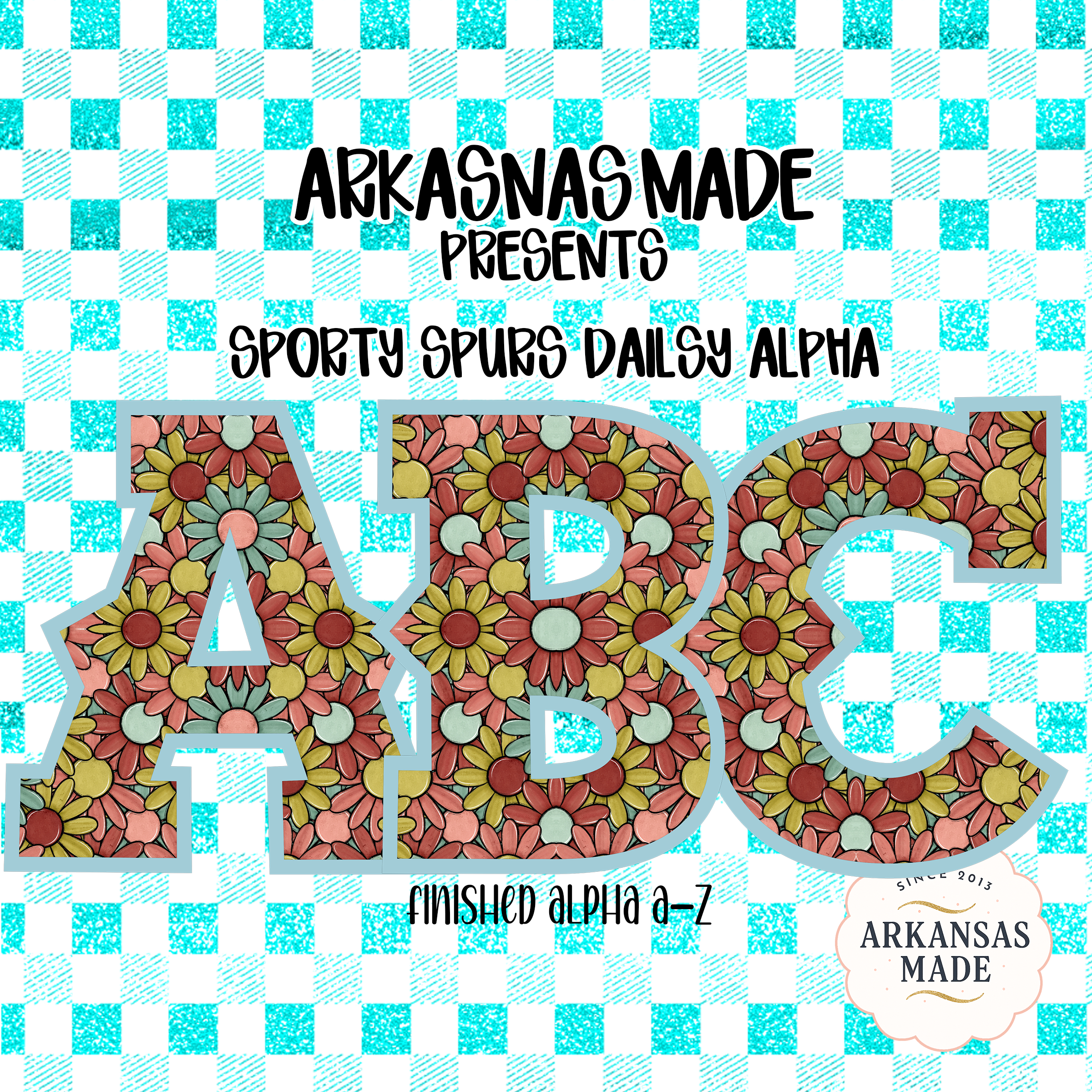 Sporty Spurs Daisy Alpha Set, Digital Download Sublimation, DTF PNG Letters A-Z, Boho Floral Alphabet, Vintage Flower Font, Aqua Gingham