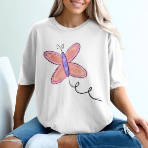 Whimsical Pink Butterfly T-Shirt, Cute Pastel Doodle Butterfly Design, Aesthetic Nature Lover Tee, Spring Summer Gift T-Shirt for Women