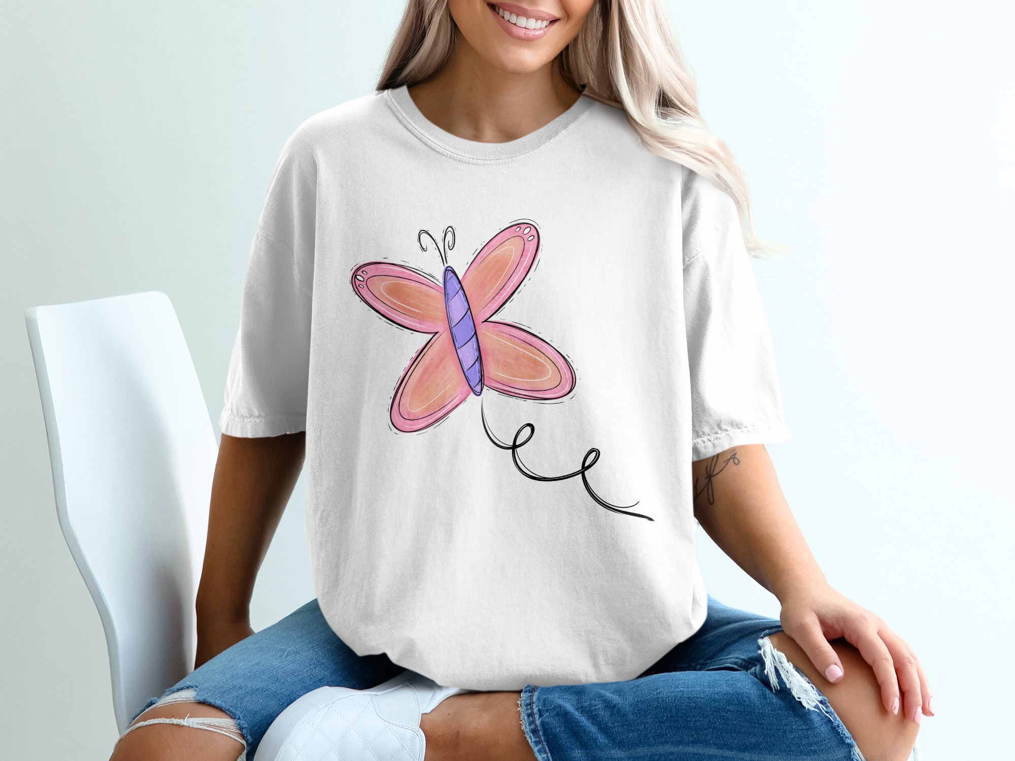 Whimsical Pink Butterfly T-Shirt, Cute Pastel Doodle Butterfly Design, Aesthetic Nature Lover Tee, Spring Summer Gift T-Shirt for Women