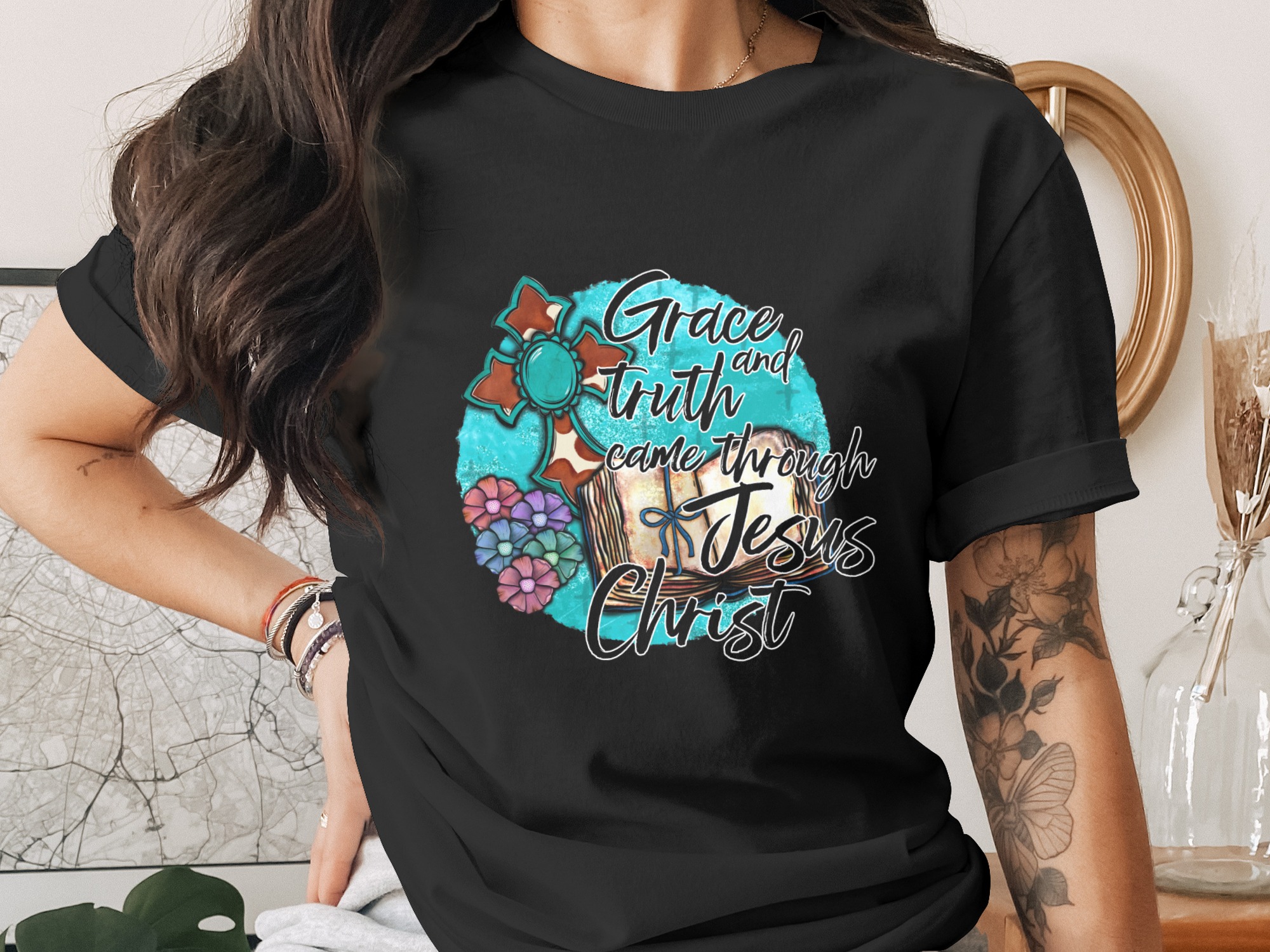 Grace Truth Jesus Christ Digital Download Sublimation DTF PNG, Christian Design, Floral Cross, Bible Verse, John 1 17, Ready to Press - Image 2