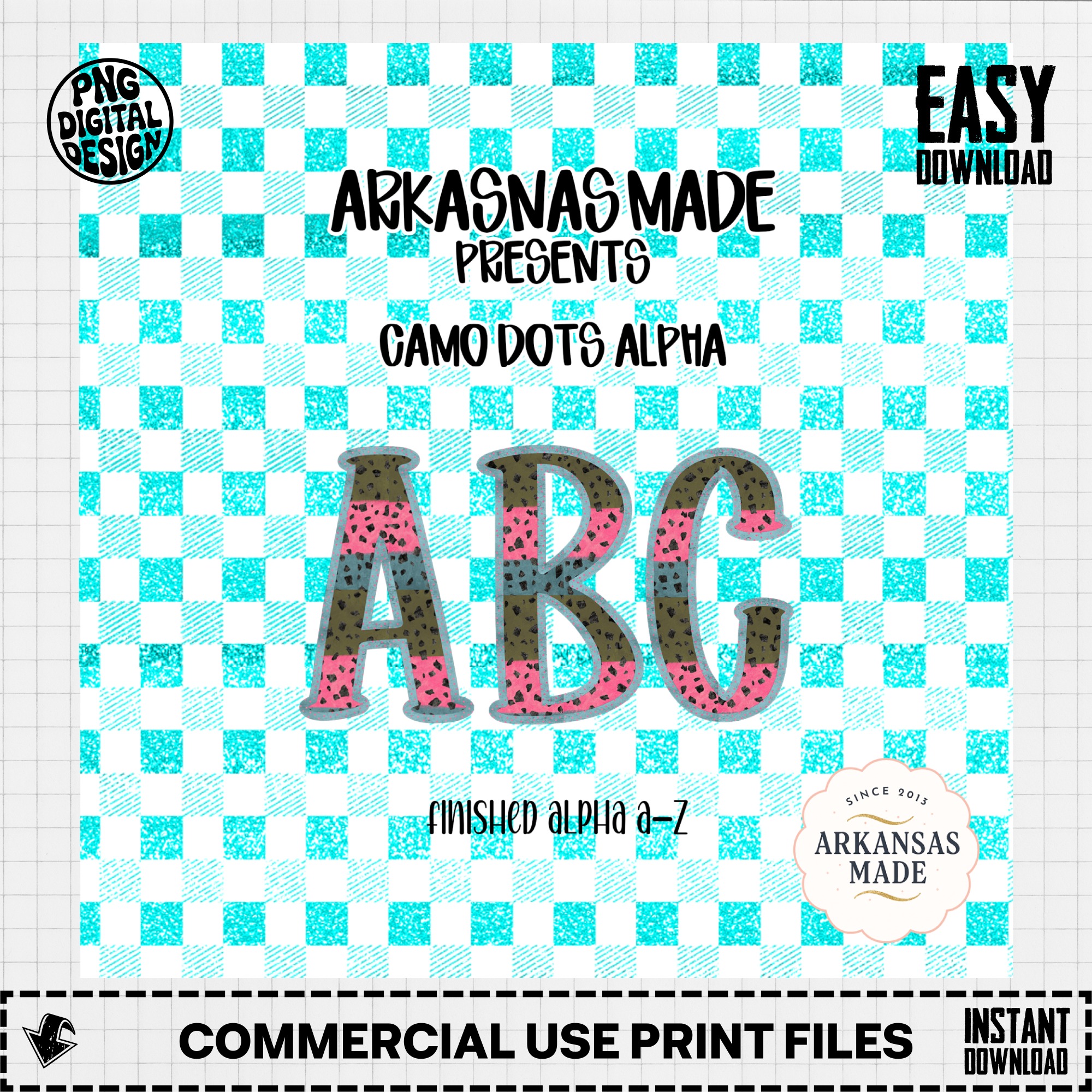 Camo Dots Alpha Digital Download PNG, Full Alphabet A-Z, Teal Gingham Checkered Background, ABC Letters, Instant PNG Alpha Bundle - Image 2